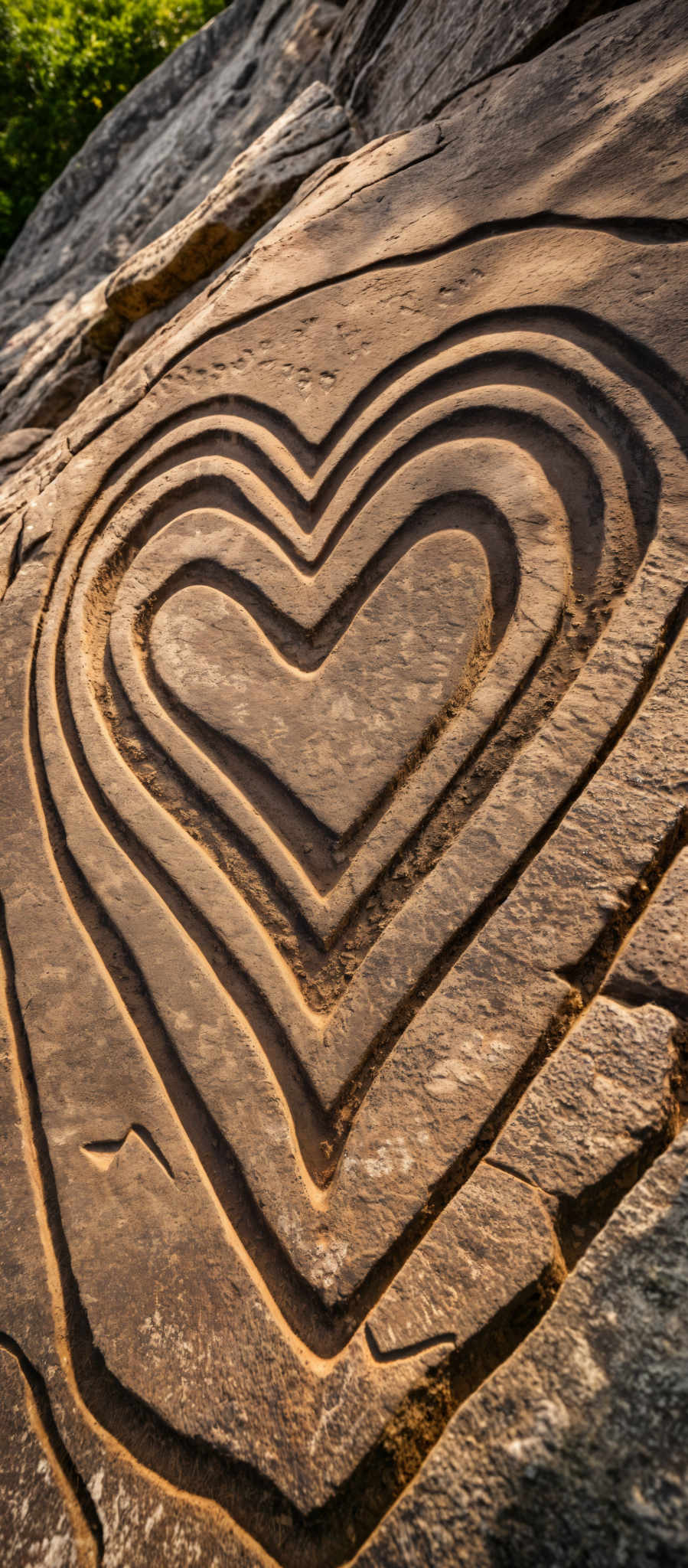 A heart-shaped design is etched into a stone wall. The heart is composed of curved lines and is surrounded by a border of smaller curves. The stone wall has a rough texture and is a light brown color. The design is centered on the wall and is the main focus of the photo.