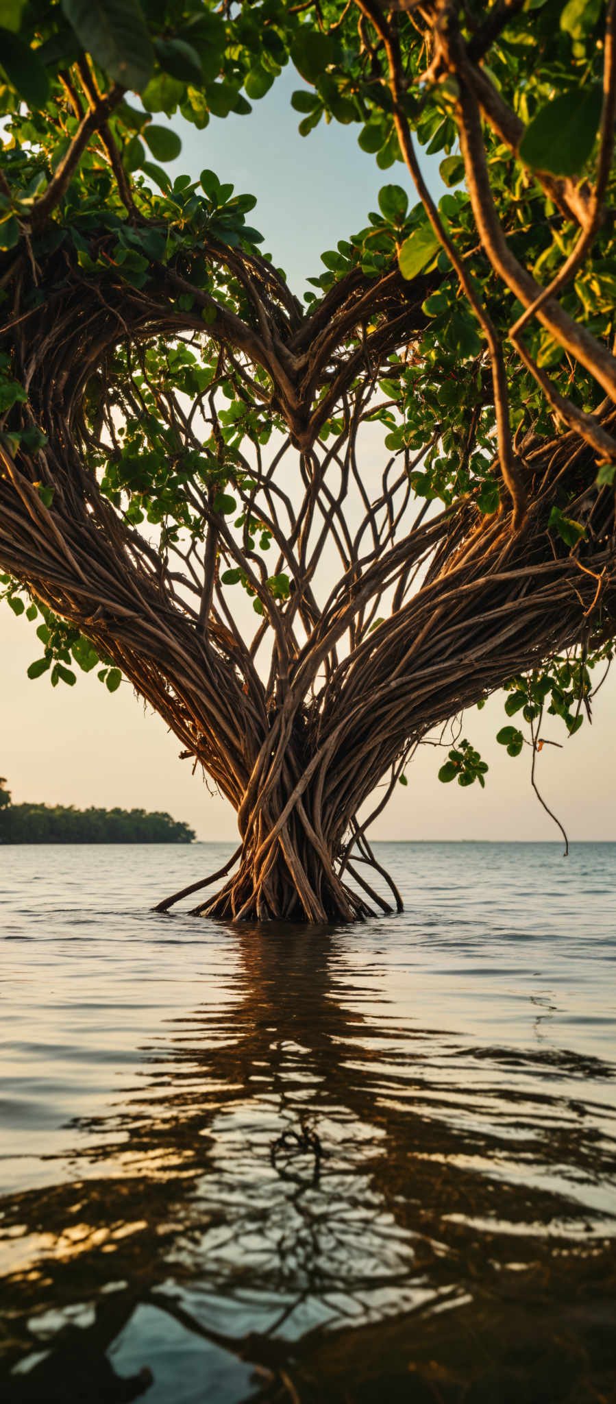 A tree with twisted branches is reflected in the water.