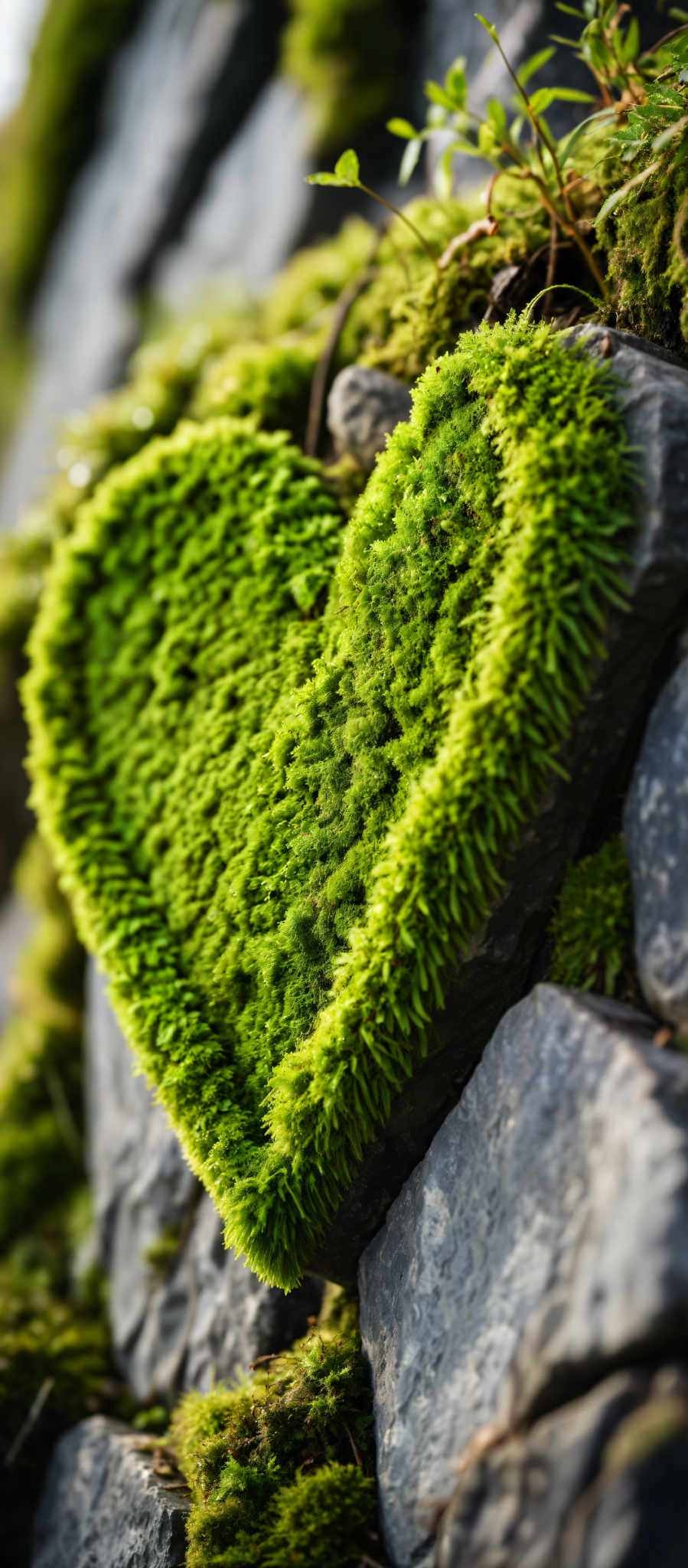 A close up of a rock wall covered in moss. The moss is a vibrant green color and is growing in a heart shape. The rock wall is made of large dark gray stones. The image does not contain any text or other objects. The focus is solely on the moss and the rock wall. The relative position of the moss to the rock is that it is growing on top of the rock covering it completely. The heart shape of the Moss is clearly visible adding a unique and interesting element to the image.

The image does provide a sense of tranquility and the beauty of nature as the moss a symbol of resilience and endurance grows on the rock. The contrast between the dark gray rock and the bright green moss creates a visually striking image. This image could be used to highlight the beauty and diversity of nature and the importance of preserving natural habitats.