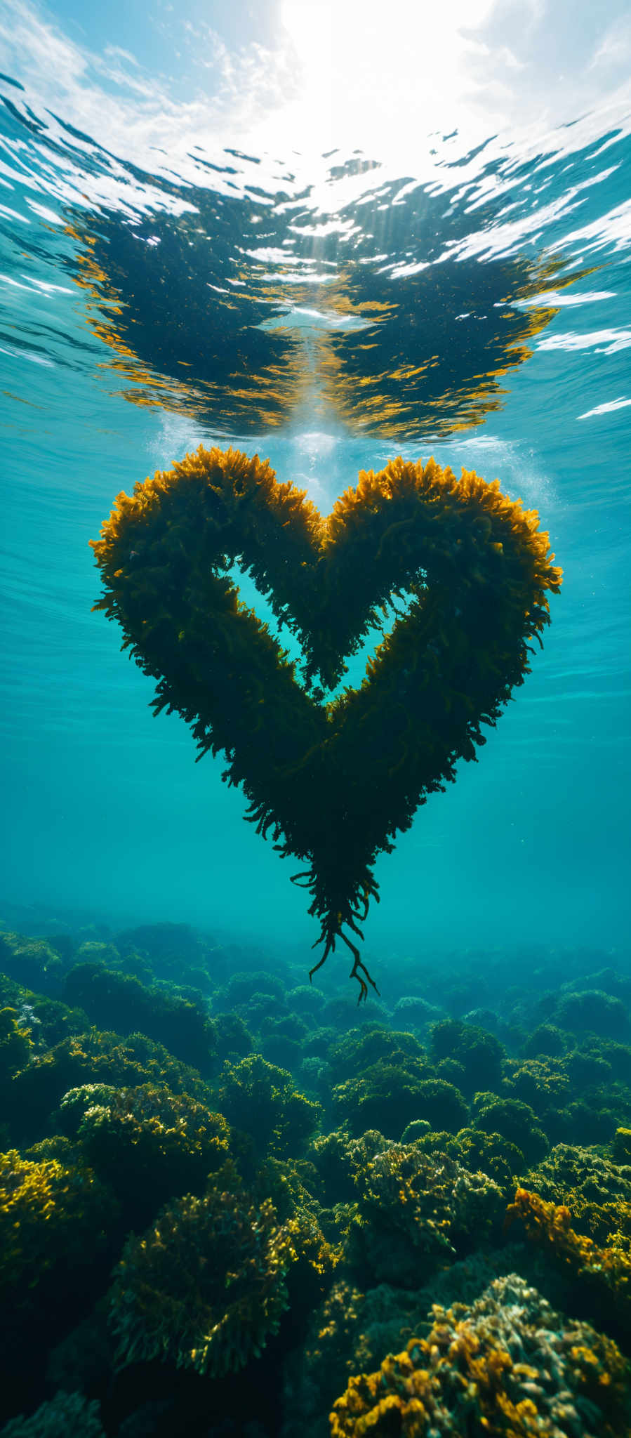 A heart-shaped arrangement of seaweed in the ocean.