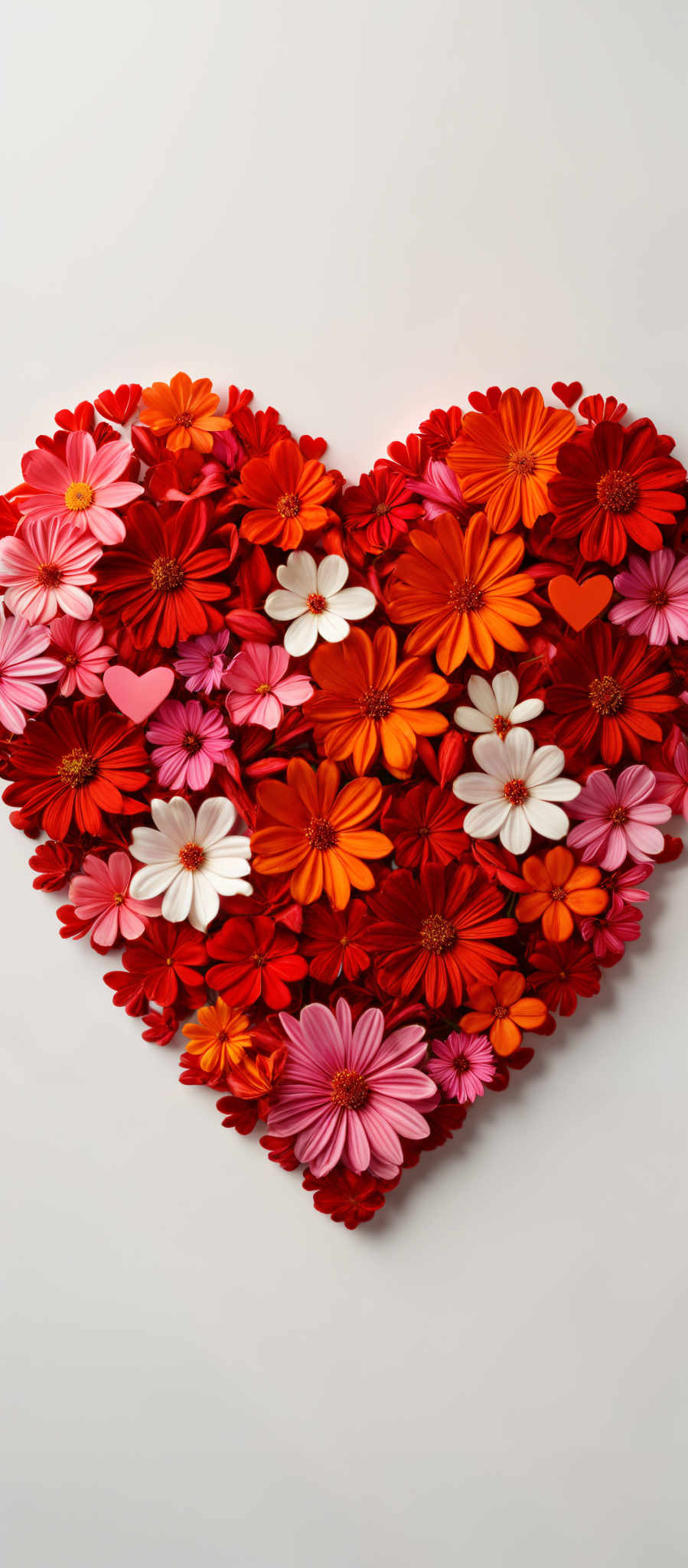 A heart-shaped collage of flowers in various colors including red orange pink and white.