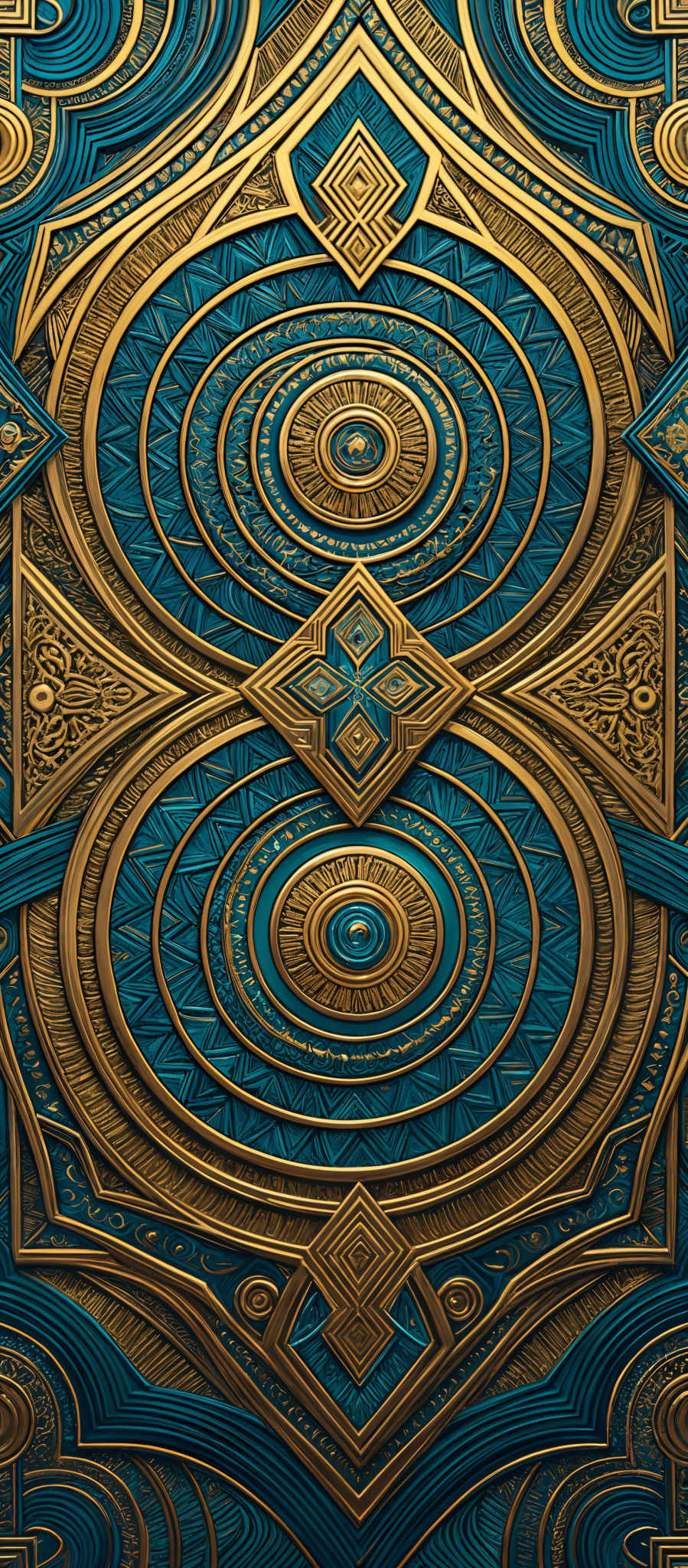 The image showcases intricate patterns with a dominant color palette of gold and teal. The gold is used to create symmetrical and repetitive geometric shapes, such as circles, triangles, and diamonds. These shapes are interwoven with detailed designs, including swirls, dots, and other ornate motifs. The teal provides a contrasting backdrop, enhancing the gold's brilliance and adding depth to the overall design.