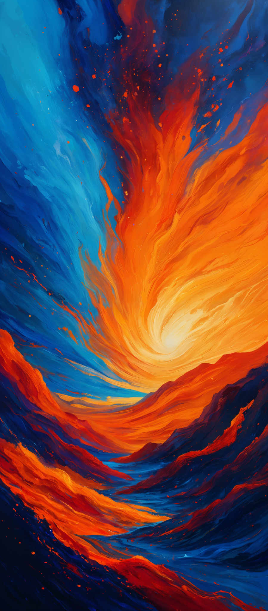 The image showcases a vibrant and dynamic landscape painting. The dominant colors are shades of blue, orange, and red. The sky is depicted with swirling patterns of blue and orange, suggesting a sunset or sunrise. The fiery orange and red hues dominate the lower part of the image, representing what appears to be a fiery landscape or a volcanic eruption. The swirled patterns in the sky and the flowing lines in the landscape give the artwork a sense of movement and energy.