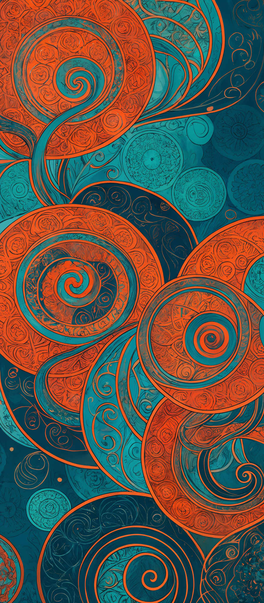 The image showcases a vibrant and intricate design with swirling patterns. The dominant colors are shades of blue and orange, with the blue being a deep, rich hue and the orange being a bright, lively shade. The swirls are intricate, with each one having its unique design and pattern. Some swirls have a spiral shape, while others have a more complex, winding design. The background is filled with smaller, lighter blue patterns that complement the larger swirls.