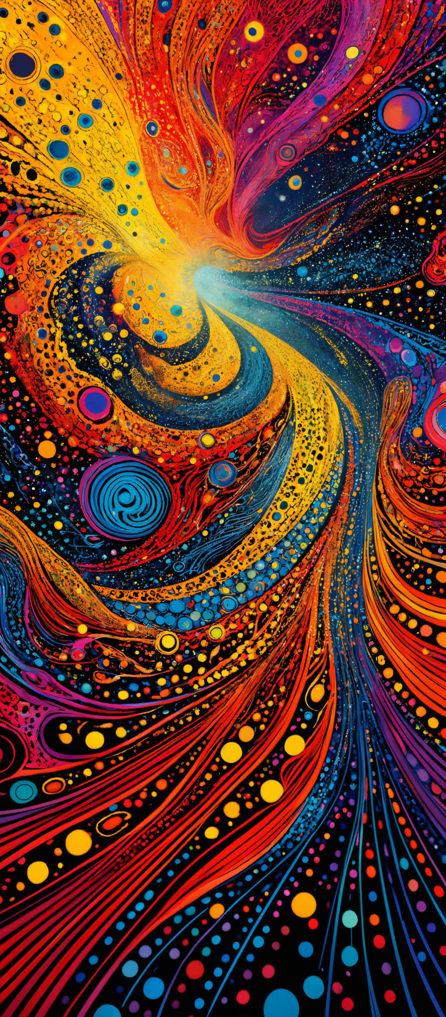 The image showcases a vibrant and dynamic composition of swirling patterns and shapes. It predominantly features a mix of bright colors such as red, blue, yellow, and purple. The patterns resemble fluid dynamics, with wavy lines and swirls intertwining, creating an illusion of motion. There are also circular patterns, some of which are filled with color, giving the impression of bubbles or orbs. The overall effect is both mesmerizing and psychedelic, reminiscent of a cosmic or underwater scene.