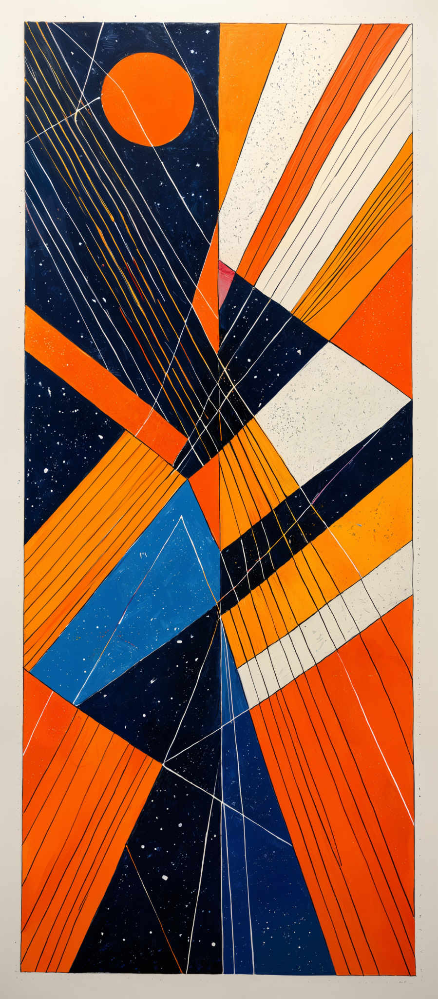 The image showcases an abstract composition with a mix of geometric shapes and patterns. Dominant colors include shades of blue, orange, and white. The shapes are predominantly triangles and rectangles, intersected by crisscrossing lines. There's also a large circular element in the top left corner. The background has a speckled pattern, possibly representing a starry night sky.