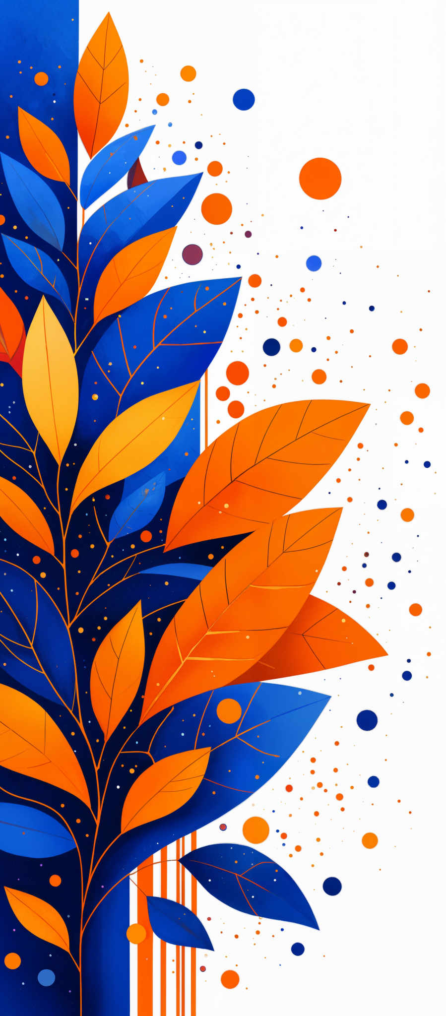 The image showcases a vibrant and colorful illustration of leaves. The leaves are predominantly in shades of blue and orange, with intricate vein patterns. They are intertwined, forming a central stem. The background is white, adorned with various colored circles, possibly representing droplets or specks of light. There are also vertical blue lines that add depth and contrast to the overall composition.