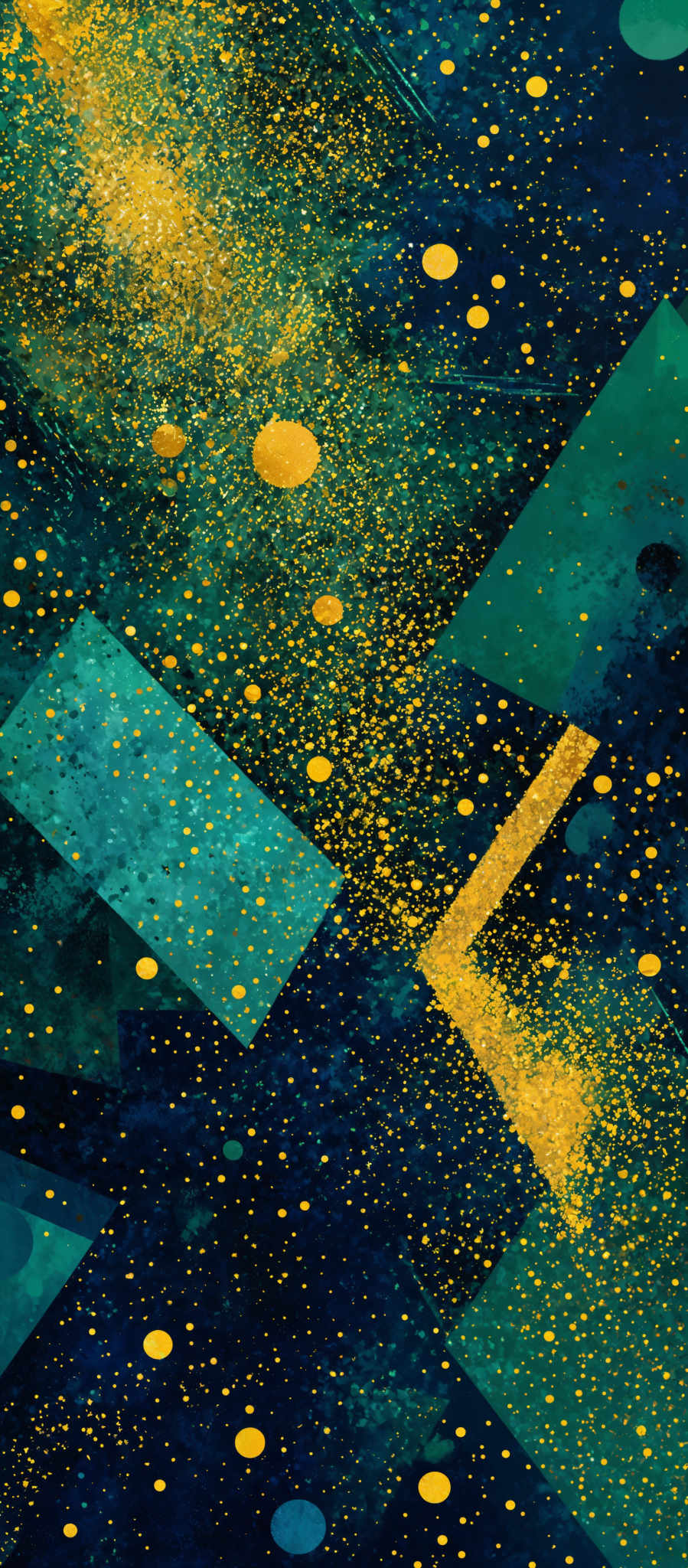 The image showcases a vibrant and abstract composition. Dominated by deep blues and teals, it features geometric shapes like rectangles and squares interspersed with circular patterns. The central portion of the image is speckled with golden-yellow dots, creating a contrast against the darker background. The overall feel is reminiscent of a cosmic or galaxy-themed artwork, with the golden dots possibly representing stars or distant galaxies.