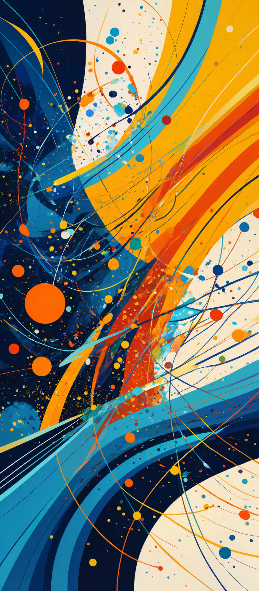 The image showcases an abstract artwork with a vibrant color palette. Dominant colors include shades of blue, orange, and white. The artwork features swirling lines and curves, interspersed with various shapes like circles and splatters of paint. The overall composition gives a sense of motion and dynamism, as if depicting a cosmic or energetic scene.