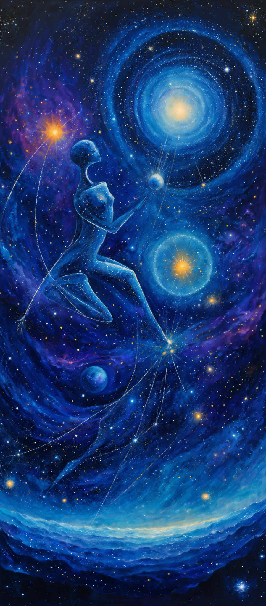 The image predominantly features deep blues, purples, and hints of gold. The central figure is a humanoid silhouette, seemingly floating amidst a cosmic backdrop. This figure is surrounded by swirling galaxies, stars, and nebulae. The figure's form is elongated and appears to be made of a luminous substance, contrasting with the darker cosmic elements around it. The overall scene evokes a sense of wonder and the vastness of the universe.