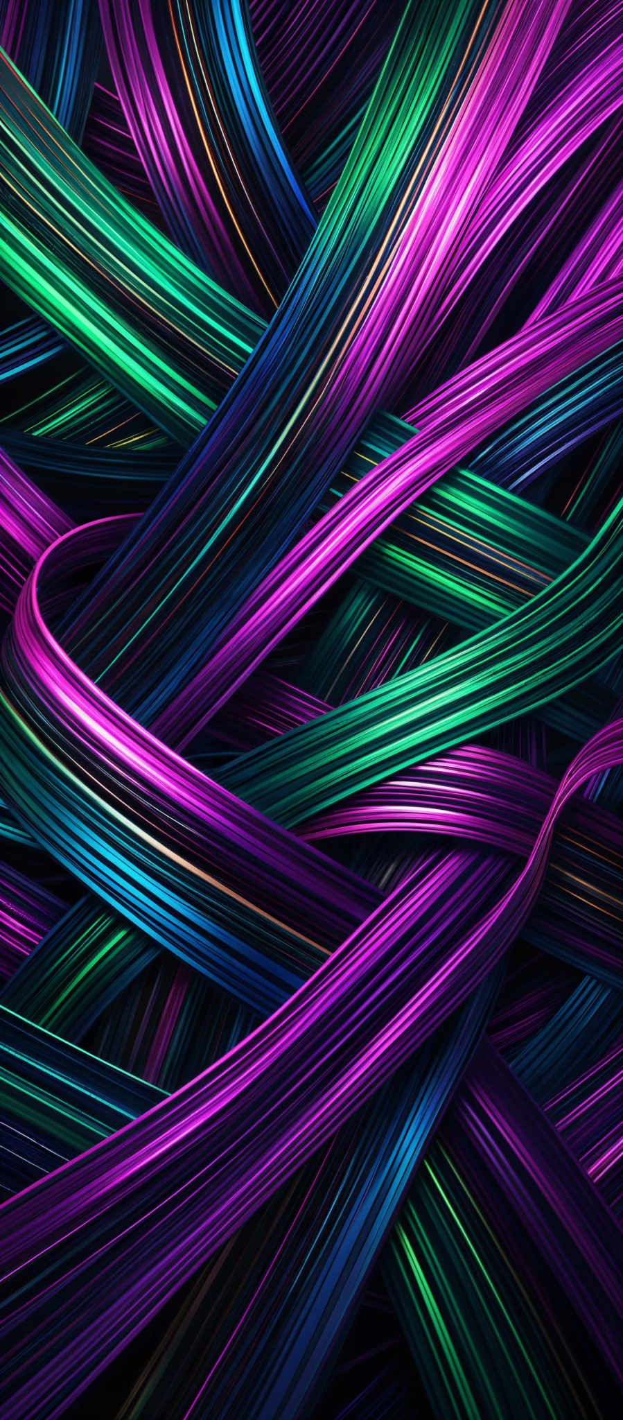 The image showcases a vibrant and intricate design of intertwined wavy lines. These lines are colored in a spectrum of hues, including deep purples, bright blues, and neon greens. The wavy patterns create a dynamic and swirling effect, giving the image a sense of movement and energy. The intertwining of the lines creates a complex and multi-dimensional texture, making it visually captivating.