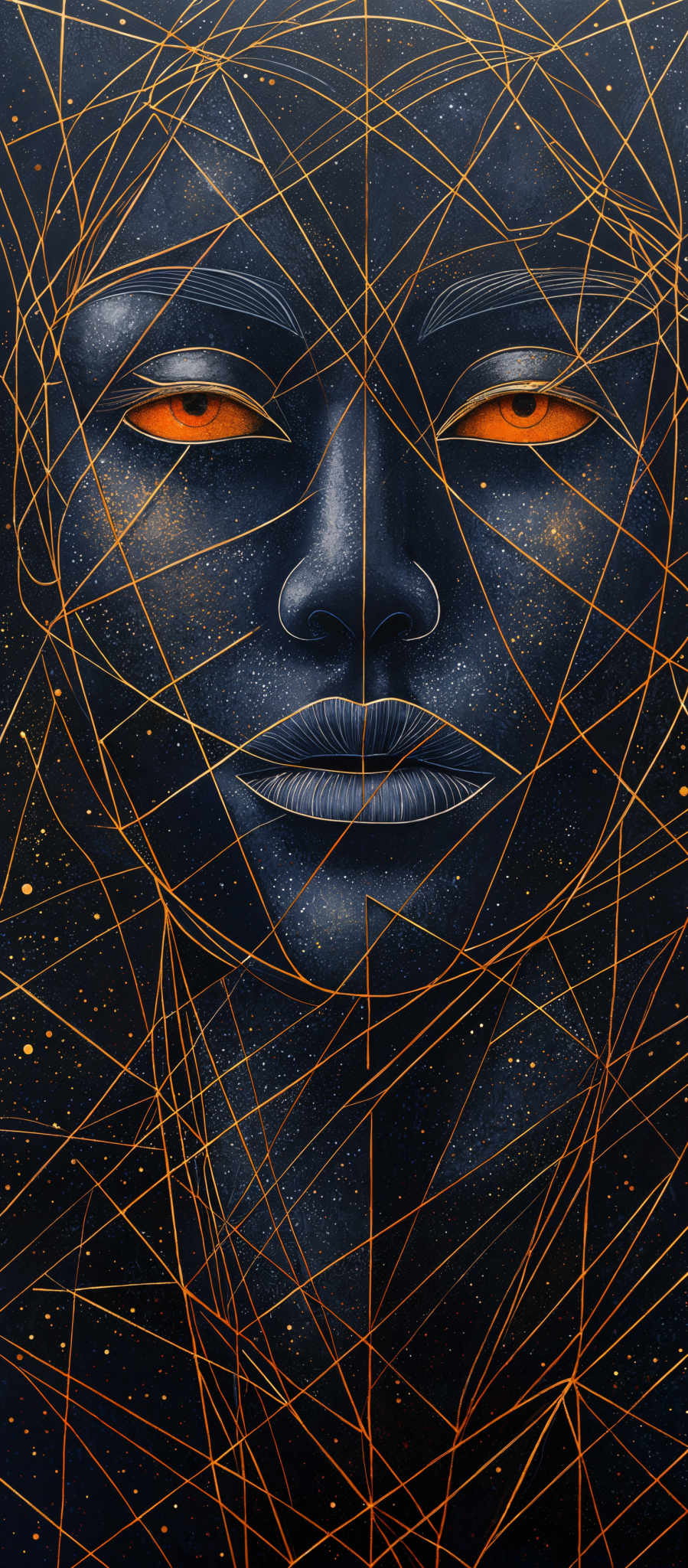 The image showcases a face with a deep blue hue, accentuated by golden geometric lines forming a web-like pattern over it. The eyes are strikingly red, contrasting sharply with the rest of the face. The background is a dark space dotted with white specks, giving an impression of a starry night.