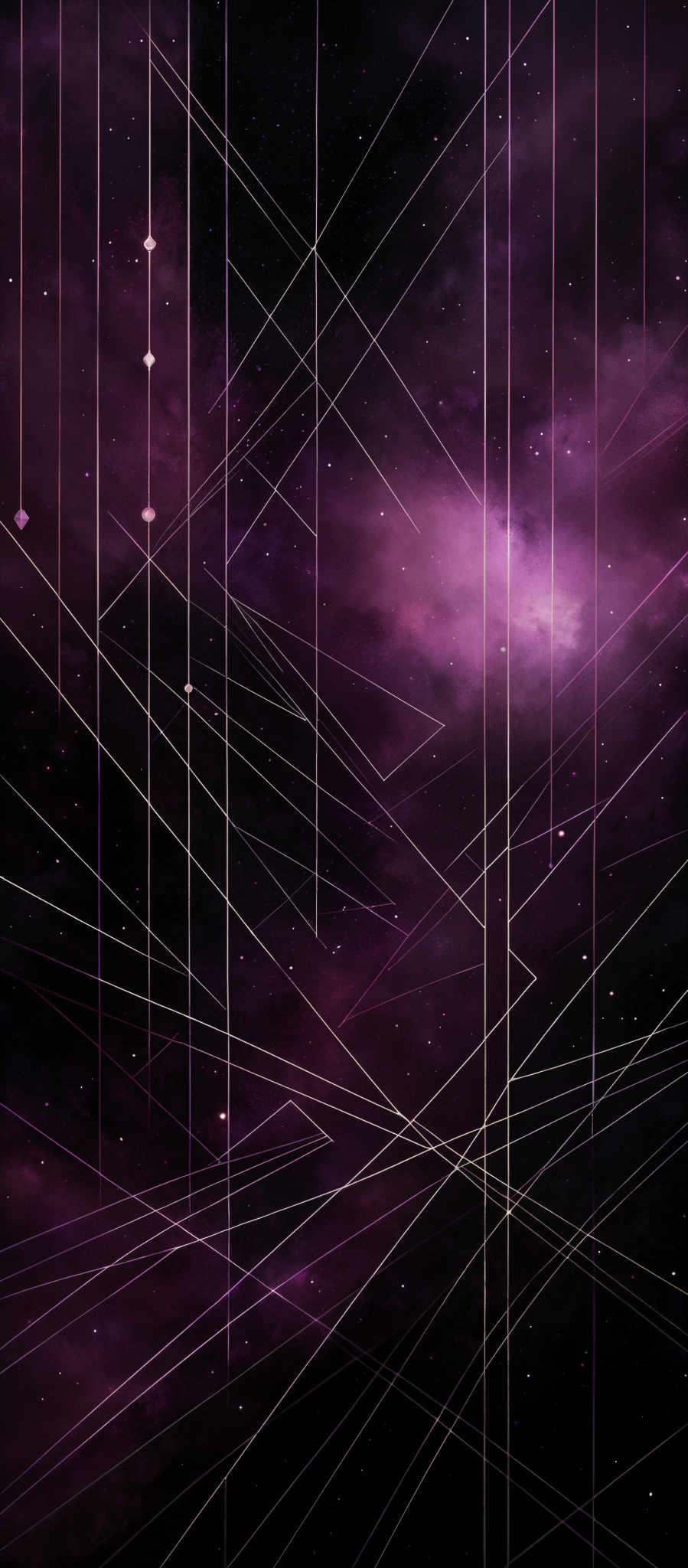 The image showcases a deep purple and black background, reminiscent of a night sky or cosmic space. There are intersecting white lines, forming a complex network of geometric shapes, resembling a constellation or a digital matrix. The intersections of these lines create a sense of depth and dimension. The image also contains small white dots, possibly representing stars or distant galaxies, adding to the cosmic ambiance.