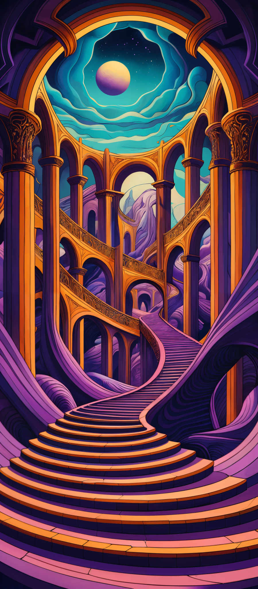 The image showcases a fantastical architectural structure with multiple arches and staircases. The dominant colors are shades of purple, blue, and gold. The staircase is curved, leading upwards, and is adorned with golden railings. The arches are ornate, with intricate carvings and designs. Above, there's a celestial scene with a large moon or planet, surrounded by swirling clouds of blue and purple. The overall ambiance is dreamy and otherworldly.