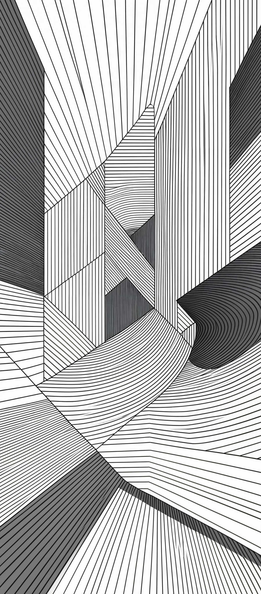 The image showcases a black and white abstract design. It features geometric shapes such as rectangles, squares, and triangles. The lines within these shapes are intricately drawn, creating a sense of depth and perspective. The design is symmetrical, with parallel lines and intersecting shapes, creating an optical illusion of depth.