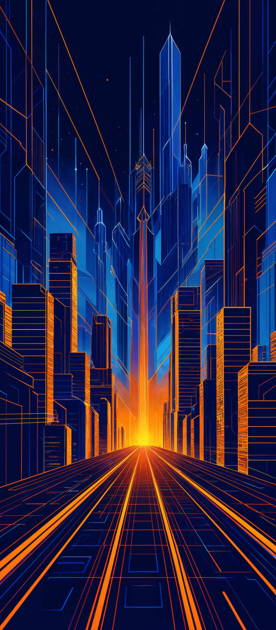 The image showcases a futuristic cityscape at night. Dominating the scene are tall skyscrapers, some of which are illuminated from within, casting a bright glow. The buildings are constructed with a combination of transparent and solid materials, giving them a sleek and modern appearance. The color palette is predominantly blue and orange, with the blue representing the night sky and the orange emanating from the city lights and the central glowing structure. The foreground features a road or pathway that reflects the vibrant colors of the city, leading the viewer's eye towards the bright center where the tallest building stands.