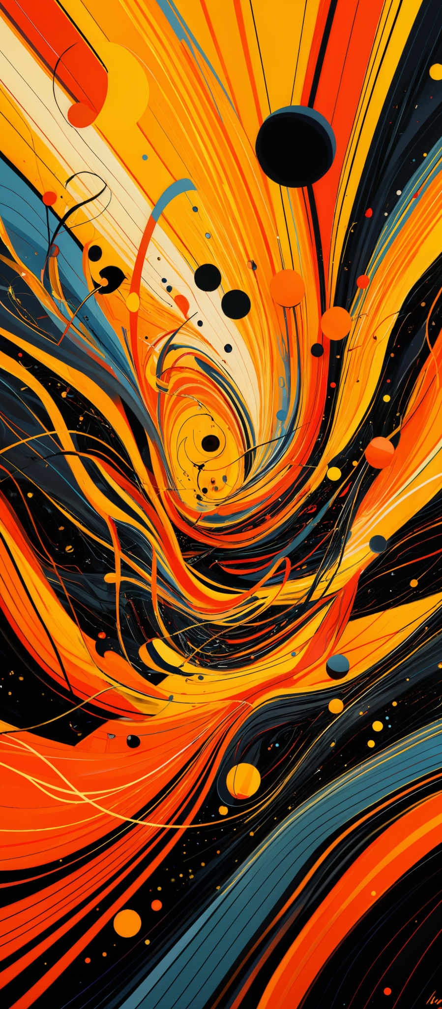 The image showcases a vibrant and dynamic abstract artwork. It predominantly features swirling patterns of vivid colors, including shades of orange, yellow, blue, and black. The swirls are intricate and seem to be intertwined, creating a sense of movement and energy. There are also various shapes, such as circles and lines, scattered throughout the artwork, adding depth and complexity to the composition.