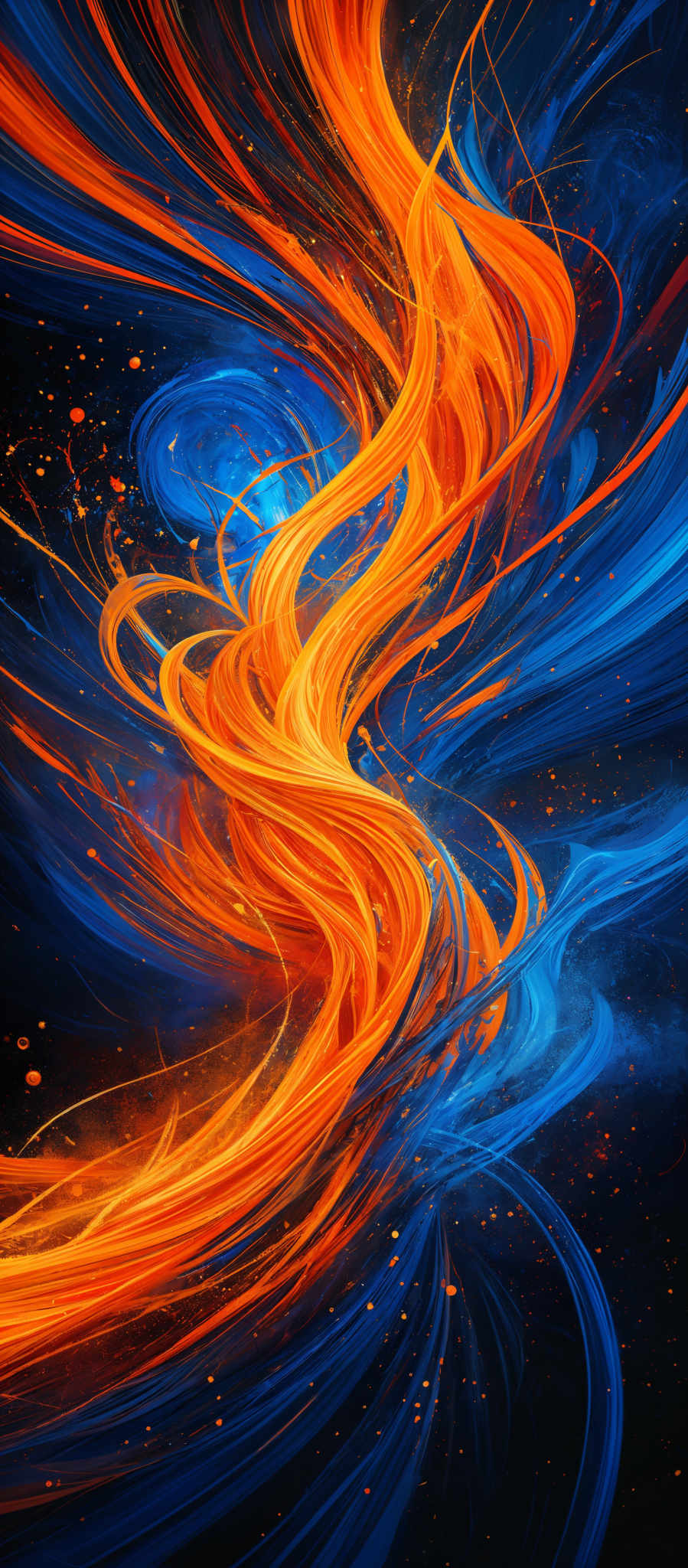 The image showcases a vibrant interplay of colors, primarily blue and orange. The blue is depicted as a deep, dark hue, almost reminiscent of a night sky, while the orange is portrayed as a fiery, swirling energy. The shapes are fluid and dynamic, resembling swirled patterns or tendrils of energy. There are also specks of light, possibly representing stars or distant galaxies, scattered throughout the image, adding depth and dimension.