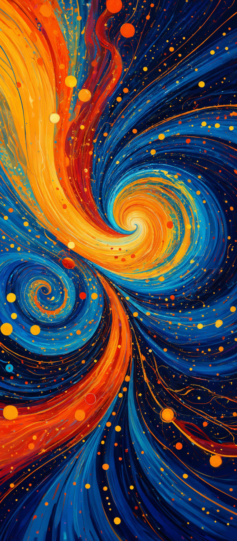 The image showcases a vibrant and dynamic swirl of colors. The dominant colors are deep blue, fiery orange, and a touch of red. The swirls are intricate, resembling the motion of galaxies or whirlpools, with the orange and red hues giving an impression of energy or heat. The background is dark, possibly representing space, and is dotted with numerous small, glowing orbs or particles, adding to the cosmic feel of the artwork.