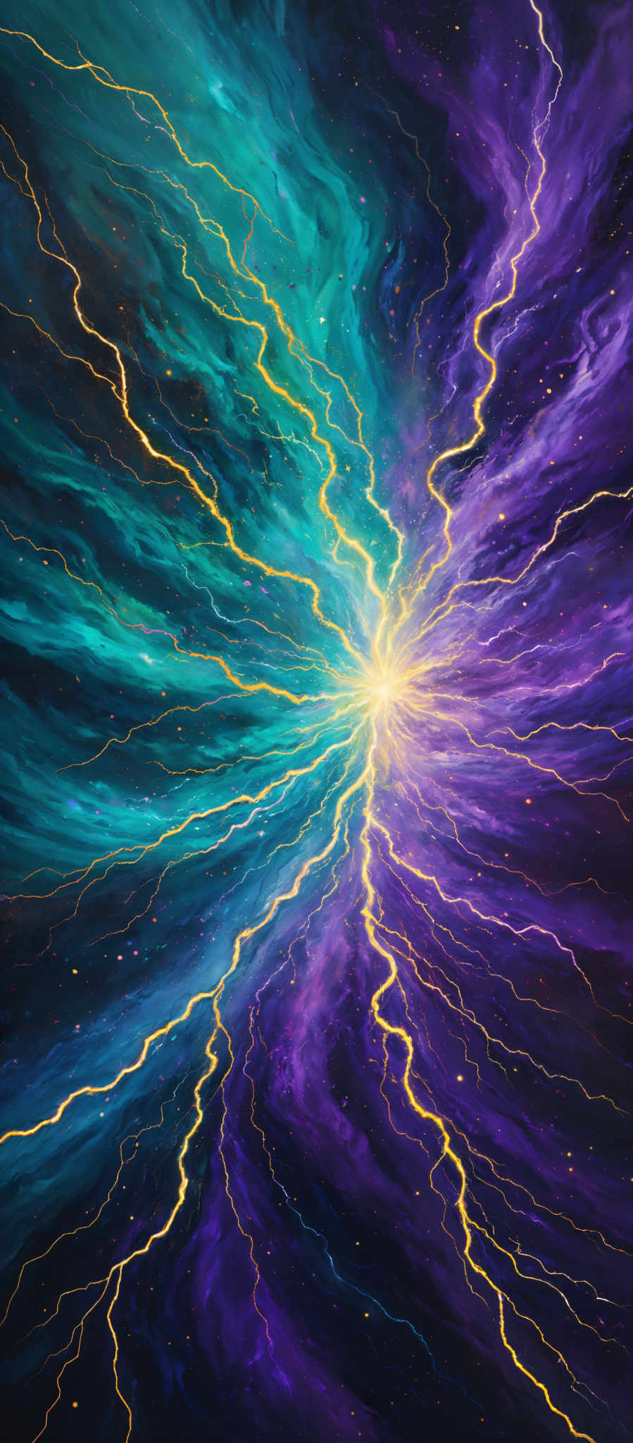 The image showcases a vibrant and dynamic interplay of colors. The dominant colors are shades of blue, purple, and gold. The central portion of the image features a bright, golden lightning bolt that seems to emanate energy. Surrounding this bolt are tendrils of electricity in gold and blue, which spread outwards in a mesmerizing pattern. The background is a deep, dark space dotted with tiny, glowing specks, possibly representing distant stars or galaxies. The overall effect is one of a cosmic explosion or a powerful energy surge.