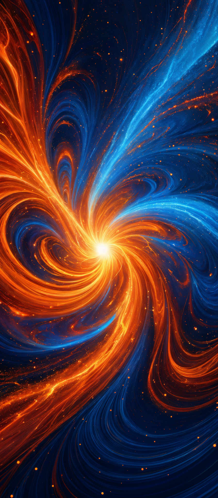 The image showcases a vibrant and dynamic swirl of colors. The dominant colors are deep blue and fiery orange, intertwined in a mesmerizing pattern. The swirls appear to be spiraling inwards, converging towards a central point that emits a bright, glowing light. The overall shape resembles a vortex or a whirlpool, with the colors flowing and blending seamlessly, creating a sense of movement and energy.