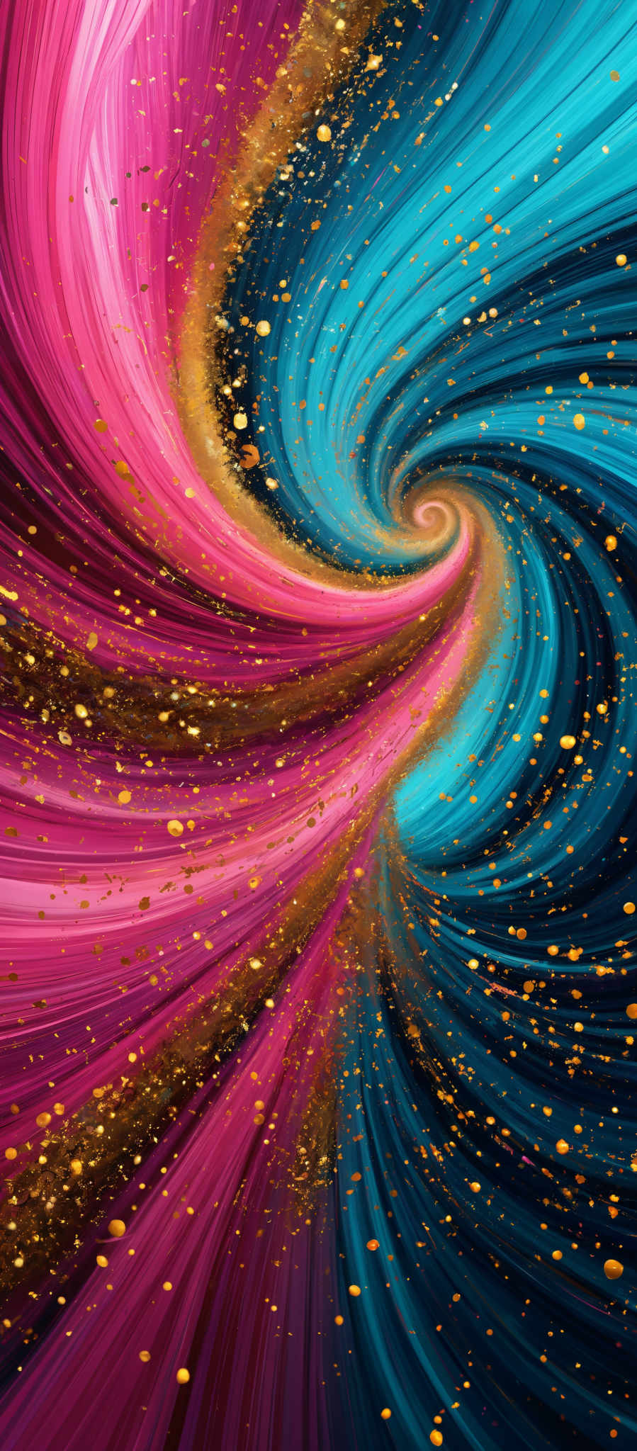 The image showcases a vibrant and dynamic swirl of colors. The dominant colors are shades of pink, blue, and gold. The swirl appears to be a vortex or whirlpool, with the colors flowing in a spiral pattern. Golden specks or particles are scattered throughout, adding a touch of sparkle and depth to the image, giving it an ethereal and mesmerizing appearance.