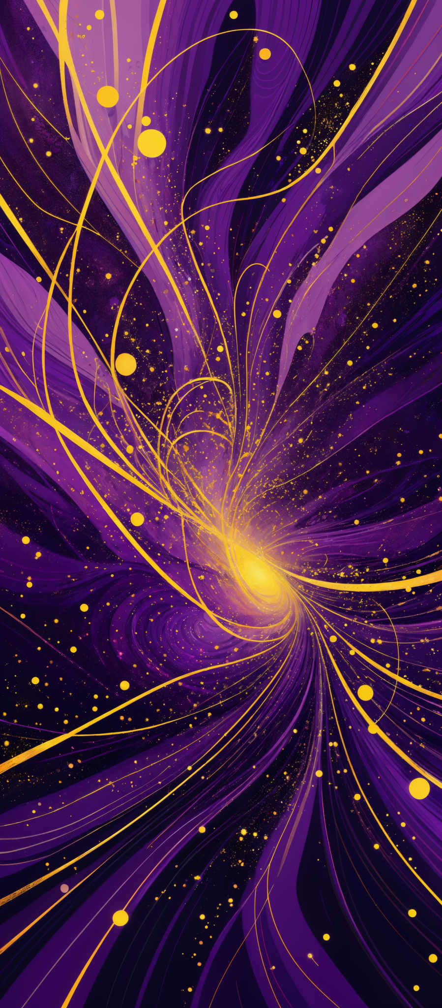 The image showcases a vibrant and dynamic swirl of colors. The dominant colors are shades of purple and gold. The swirls are intricate, resembling flowing tendrils or streams of energy. These tendrills converge towards a central point, emanating a bright, radiant glow. The background is a deep purple, dotted with numerous golden circles, possibly representing stars or other celestial bodies.