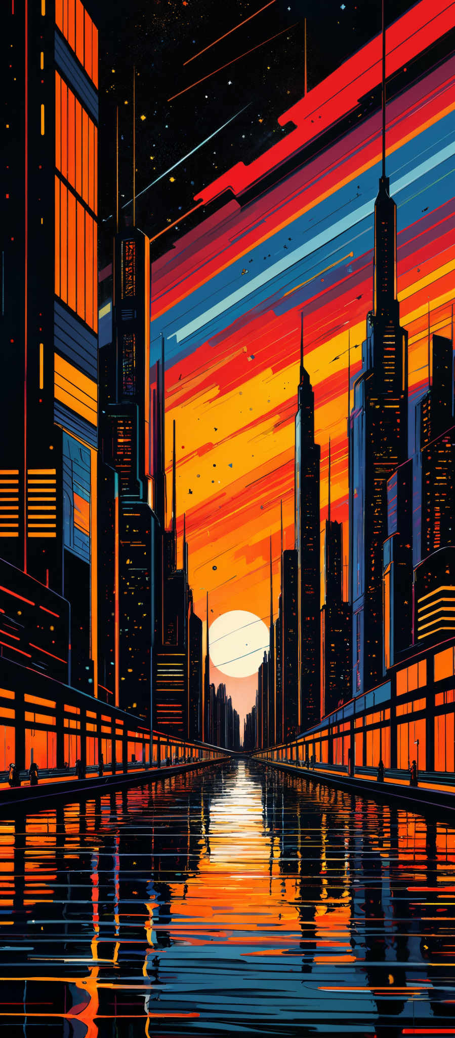 The image showcases a vibrant cityscape during sunset or sunrise. The sky is painted with hues of orange, red, and blue, transitioning from a deep blue at the top to a fiery orange near the horizon. The sun is depicted as a bright white circle, almost touching the water below. The city buildings are tall and modern, with sleek designs and reflective surfaces. They are illuminated with various colors, including red, blue, and yellow. The water in the foreground reflects the colors of the sky and the city, creating a mirror-like effect. There are also small white dots scattered throughout the sky, possibly representing stars or distant lights.