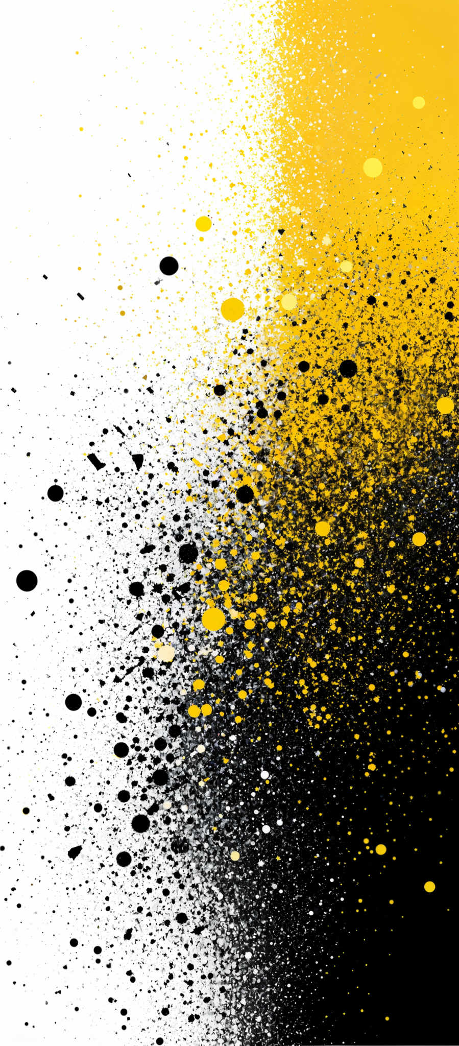 The image showcases a gradient of colors transitioning from white at the top to yellow at the bottom. The majority of the image is dominated by black and white, with numerous black and yellow dots scattered throughout. These dots vary in size, with some appearing as larger clusters and others as individual specks. The overall effect gives the impression of a spray or splatter artwork.