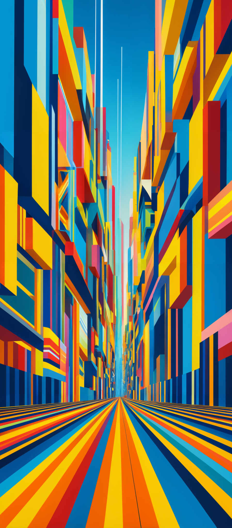 The image showcases a vibrant and colorful depiction of a cityscape or urban environment. The buildings are represented in a geometric, block-like fashion, with each block having a unique color and pattern. The predominant colors include shades of blue, yellow, red, and orange. The perspective of the image is such that it appears to be a bird's-eye view of a street that stretches into the distance, with the buildings on either side converging towards the center. The street itself is depicted with alternating stripes of bright colors, adding to the dynamic feel of the artwork.