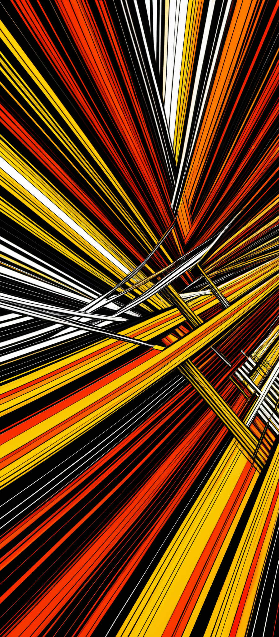 The image showcases a vibrant and dynamic abstract pattern. It features a multitude of intersecting lines and curves in a myriad of colors including red, yellow, black, and white. The lines converge and diverge in a manner that gives an illusion of depth and movement, creating a sense of motion and energy. The interplay of these lines and colors creates a visually captivating and dynamic composition.