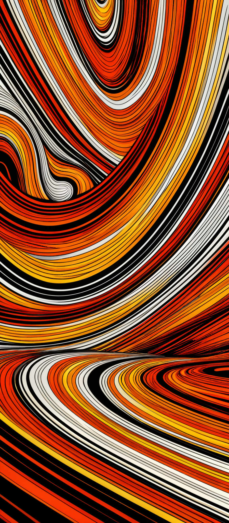 The image showcases a vibrant and dynamic swirl of colors. It predominantly features shades of orange, red, and black, intertwined in a mesmerizing pattern. The shapes are curved and wavy, creating an illusion of movement and fluidity. The swirls seem to be emanating from a central point, giving the impression of a whirlpool or vortex.