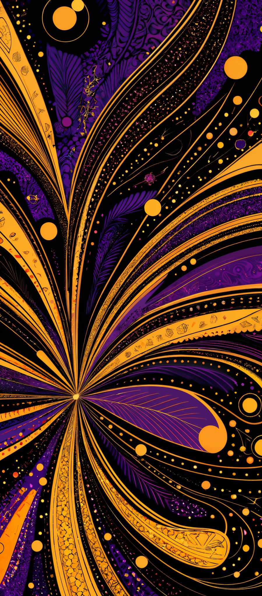 The image showcases a vibrant and intricate design with a central focus on a burst of colors. The dominant colors are shades of purple, gold, and black. The design features swirling patterns, with the colors radiating outwards in a symmetrical manner. There are also various abstract shapes, such as circles and curves, interspersed throughout the design. The gold patterns seem to have a shimmering or glittery texture, while the purple areas have a more solid, saturated appearance. The overall effect is reminiscent of a dynamic explosion or a cosmic event.