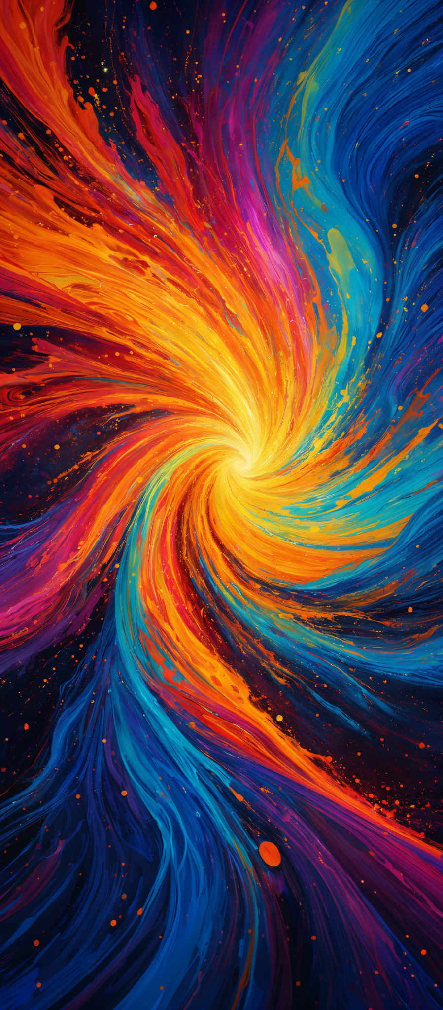 The image showcases a vibrant and dynamic swirl of colors. The central focus is a radiant burst of yellow and orange, reminiscent of a sun or a star, which seems to be drawing everything towards it. Surrounding this central point are swirling patterns of blue, purple, and red, giving the impression of a whirlpool or a vortex. The outer edges of the image have hints of green and gold, suggesting the presence of distant galaxies or nebulas. The overall effect is one of movement, energy, and cosmic wonder.