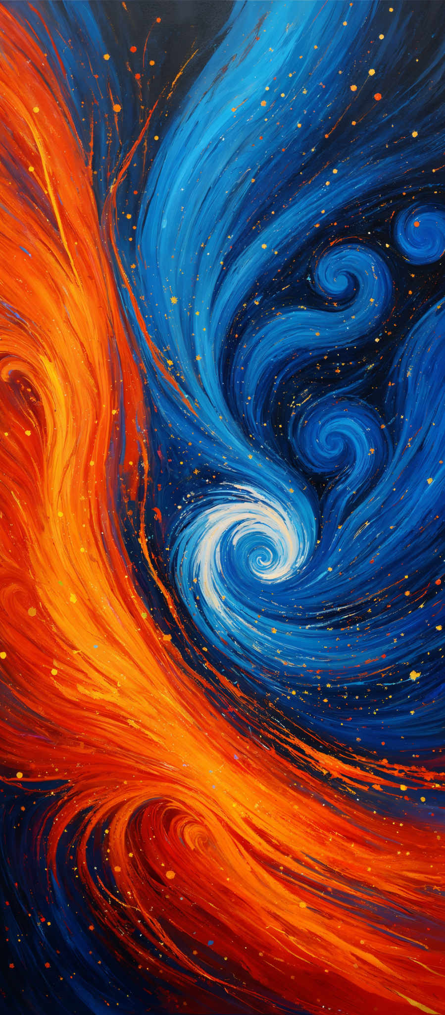 The image showcases a vibrant and dynamic swirl of colors. Dominating the image are swirling patterns of blue and orange, reminiscent of galaxies or whirlpools. The blue swirls are deep and serene, while the orange ones are fiery and passionate. The background is a deep black, punctuated with specks of gold, possibly representing stars or distant galaxies. The overall impression is one of movement, energy, and the vastness of the cosmos.