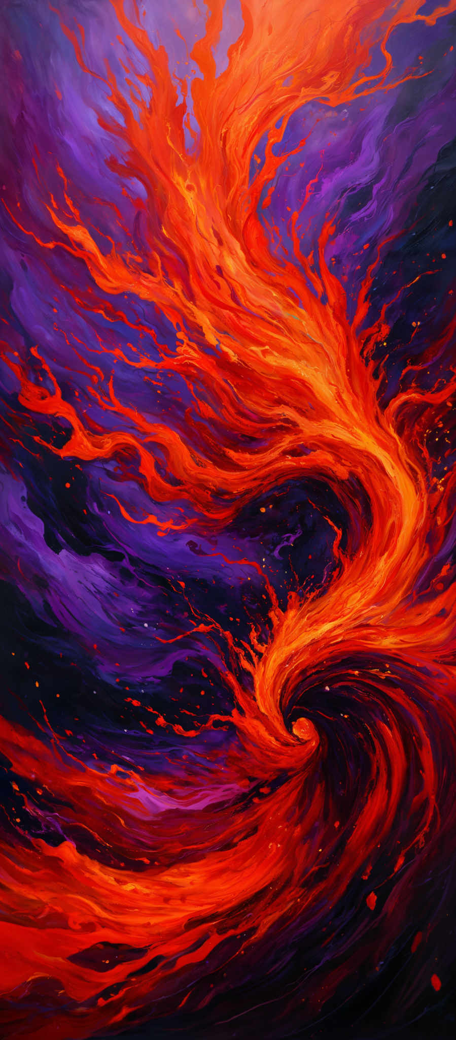 The image showcases a vibrant and dynamic interplay of colors. Dominantly, there are hues of deep purple and fiery orange. The orange, resembling molten lava or flames, swirls and twists, creating an impression of movement and energy. This fiery element seems to be intertwined with the purple, which gives a sense of depth and mystery. The overall composition gives an impression that of a whirlpool or vortex, with the fiery elements spiraling into the depths of the purplish background.