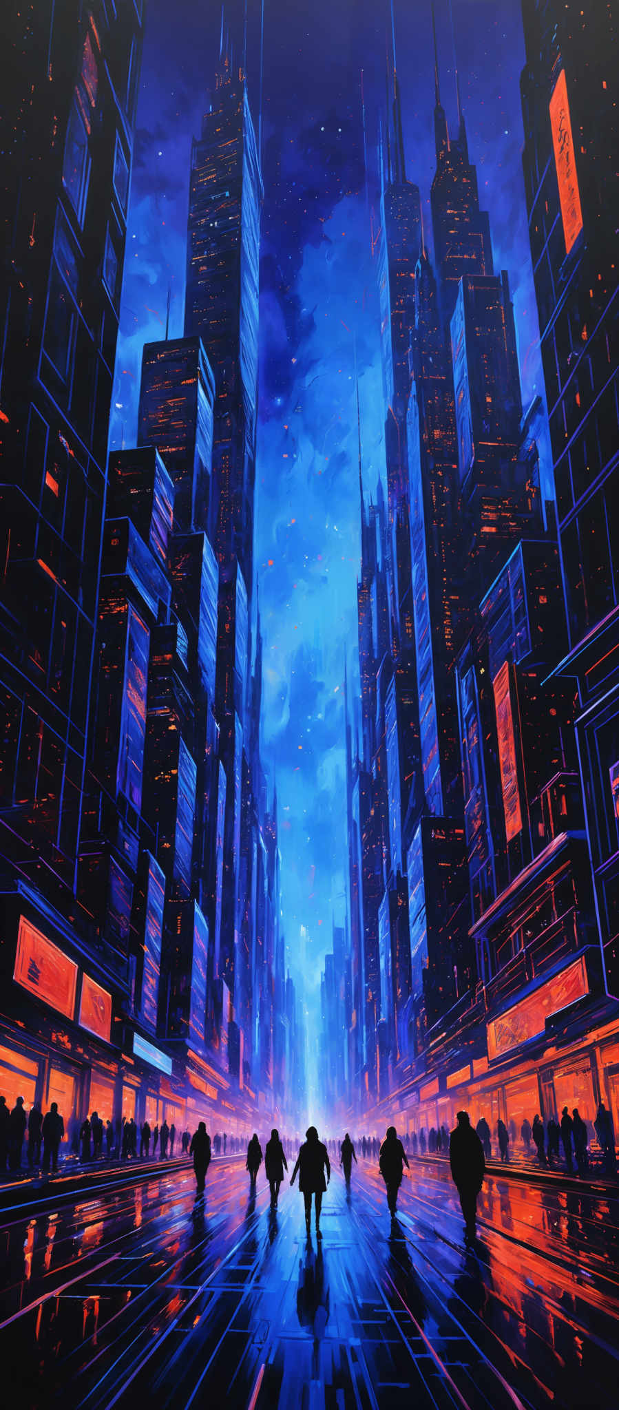 The image showcases a futuristic cityscape at night. The dominant colors are shades of blue, orange, and black. The city is characterized by tall skyscrapers with neon lights and digital displays. The buildings have a sleek and modern design, with sharp angles and reflective surfaces. The sky is painted with hues of blue and orange, suggesting either a sunset or sunrise. In the foreground, there are silhouettes of people walking on what appears to be a wet street, reflecting the city lights. The overall atmosphere is both vibrant and mysterious.