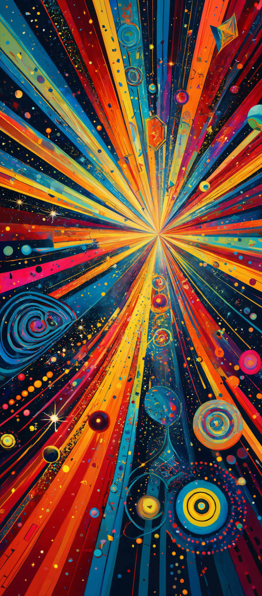 The image showcases a vibrant and colorful explosion of patterns and shapes. The dominant colors are a mix of reds, blues, yellows, and oranges, creating a radiant effect. The central focus is a bright, colorful burst that emanates outward, surrounded by a myriad of swirling patterns, circles, and other abstract shapes. These patterns are intricate and seem to be in motion, giving the image a dynamic and energetic feel.