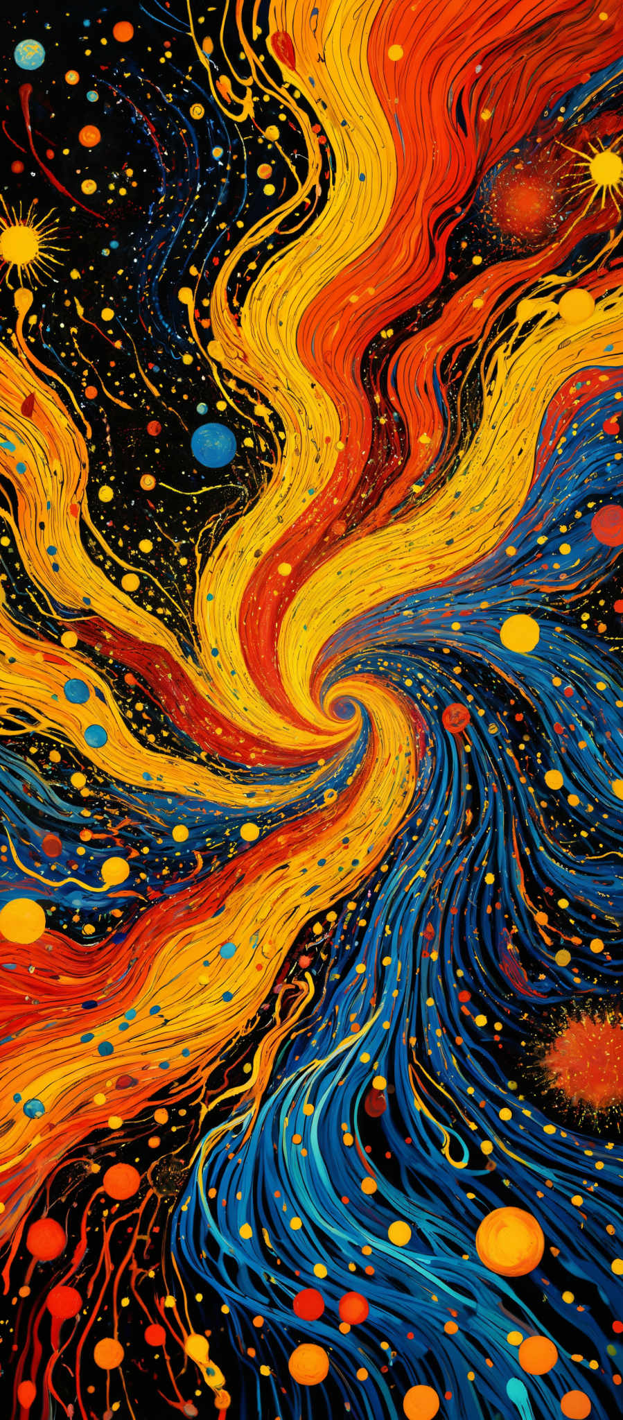 The image showcases a vibrant and dynamic swirl of colors. The dominant colors are red, blue, and yellow, intertwined in a mesmerizing pattern that resembles flowing rivers or waves. The swirls are interspersed with various shapes, including circles and dots, which appear to be floating or suspended in space. The overall impression is one of movement, energy, and cosmic wonder.