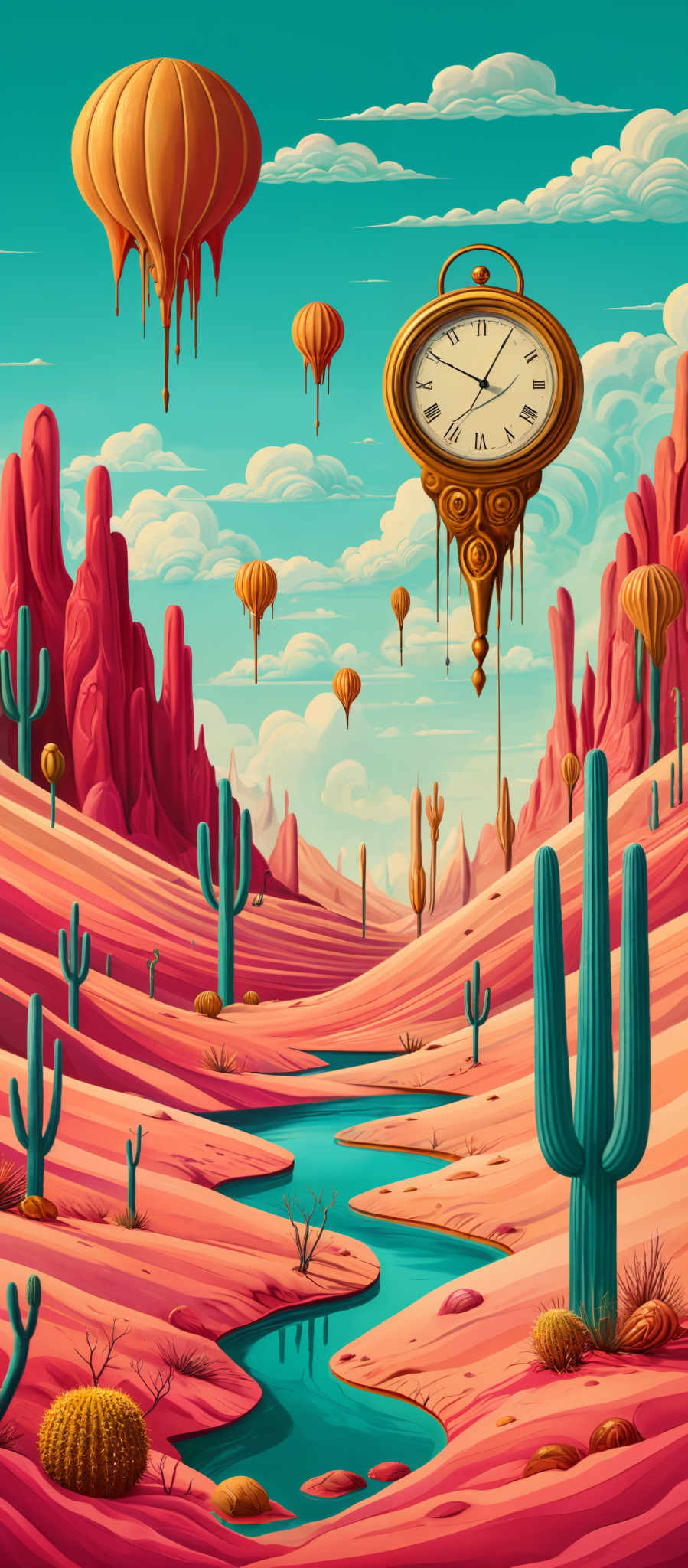 The image showcases a vibrant desert landscape with a rich palette of colors. Dominating the scene are the pinkish-red sand dunes, interspersed with blue oasis-like water bodies. The sky is a clear blue with fluffy white clouds. Floating in the sky are several hot air balloons, each with a unique design and color. The most striking element is a large, ornate clock suspended from one of the balloon's strings, with Roman numerals on its face. The clock's hands indicate a specific time. The desert is dotted with various cacti, some tall and others short, and there are a few small trees scattered around. The