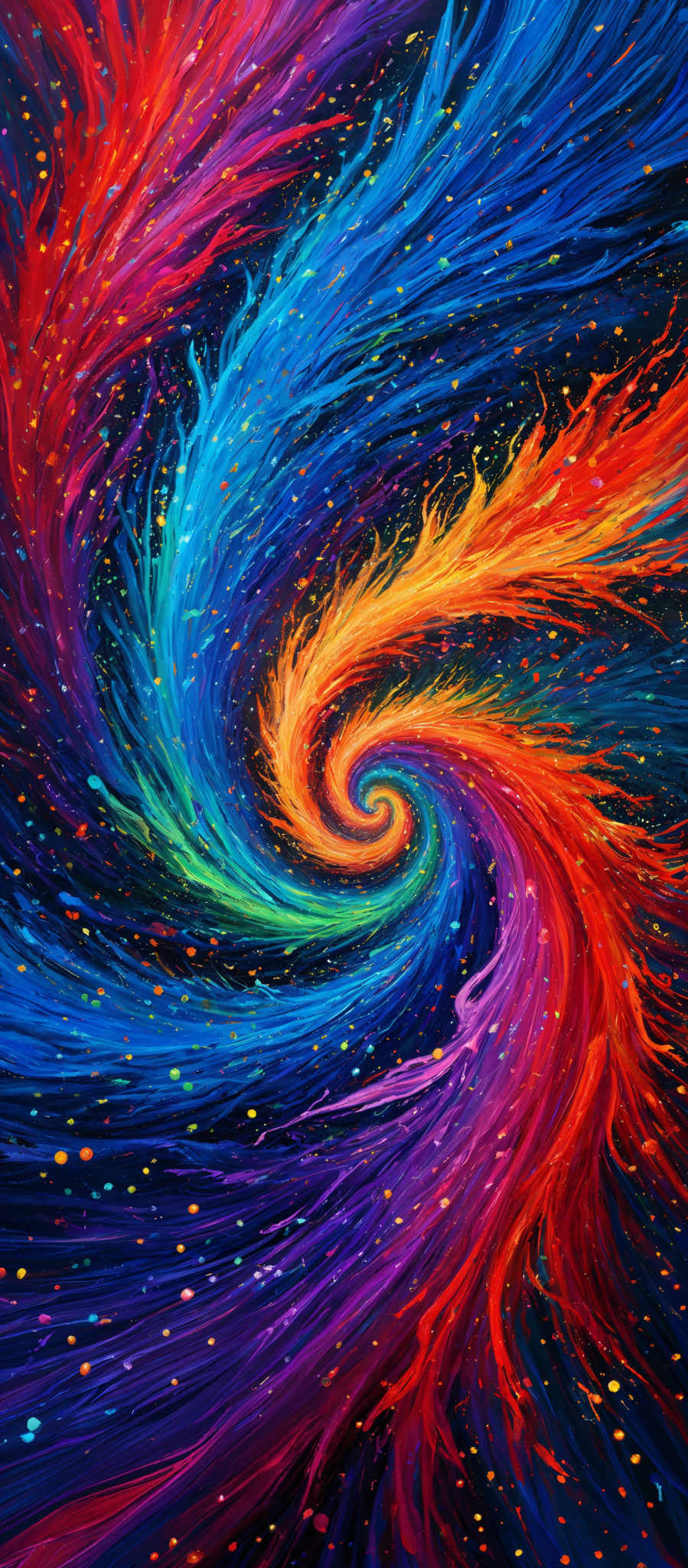 The image showcases a vibrant and mesmerizing swirl of colors. The swirl is primarily composed of vivid shades of blue, red, and orange, intertwined in a spiral pattern. The background is a deep black, dotted with multicolored specks that resemble stars or distant galaxies. The overall effect is reminiscent of a galaxy or a cosmic event, with the colors radiating outwards in a dynamic, fluid manner.