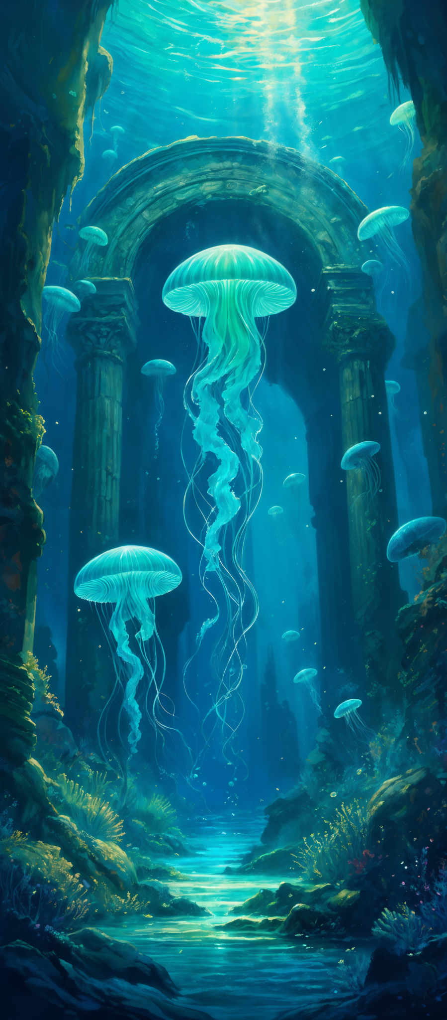 The image showcases a vibrant underwater scene. Dominating the scene are large, translucent jellyfish with elongated tentacles, floating gracefully in the water. The water itself is a deep shade of blue, with sunlight filtering through from above, creating a shimmering effect. An ancient, ruined archway stands prominently in the background, surrounded by rock formations. The archway is adorned with intricate carvings, hinting at a once-thriving civilization beneath the sea. The foreground features a sandy bottom with various marine plants and corals, adding depth and detail to the scene.