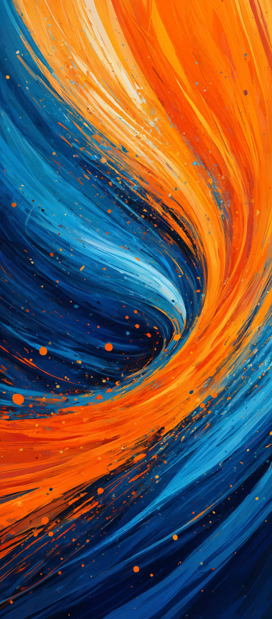 The image showcases a vibrant and dynamic swirl of colors. The dominant colors are shades of blue and orange, with the blue representing the cooler, calming waters and the orange symbolizing the warmth of the sun or fire. The swirl shape gives the impression of a whirlpool or a vortex, drawing everything into its center. The image also contains specks of white and yellow, possibly representing stars or light particles, adding to the overall luminosity and depth of the scene.