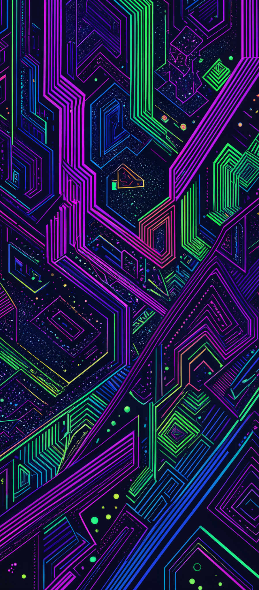 The image showcases a vibrant and intricate design with a mix of neon colors. The primary colors include shades of pink, blue, green, and purple. The design consists of complex geometric shapes, such as rectangles, squares, and lines, interwoven in a maze-like pattern. The background is dark, which makes the neon lines and shapes pop out, creating a visually striking contrast.