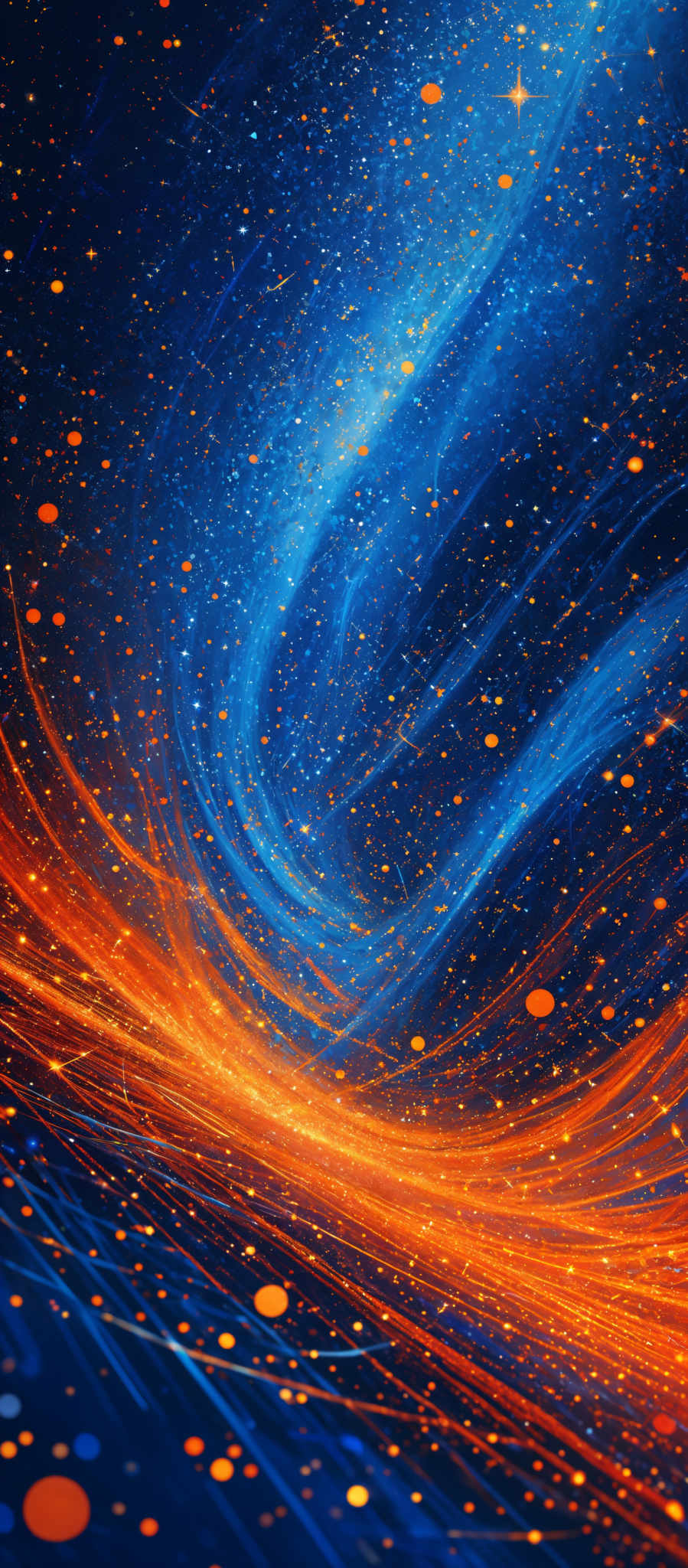 The image showcases a vibrant and mesmerizing cosmic scene. The dominant colors are deep blue and fiery orange. The blue represents the vastness of space, while the orange signifies the swirling energy and possibly a galaxy or nebula. The image is filled with numerous stars, some of which are brighter and more pronounced, while others are fainter. There are also swirled patterns of orange and blue, giving the impression of a dynamic flow of energy or matter. The overall impression is one of a vast, mysterious universe filled with life and energy.