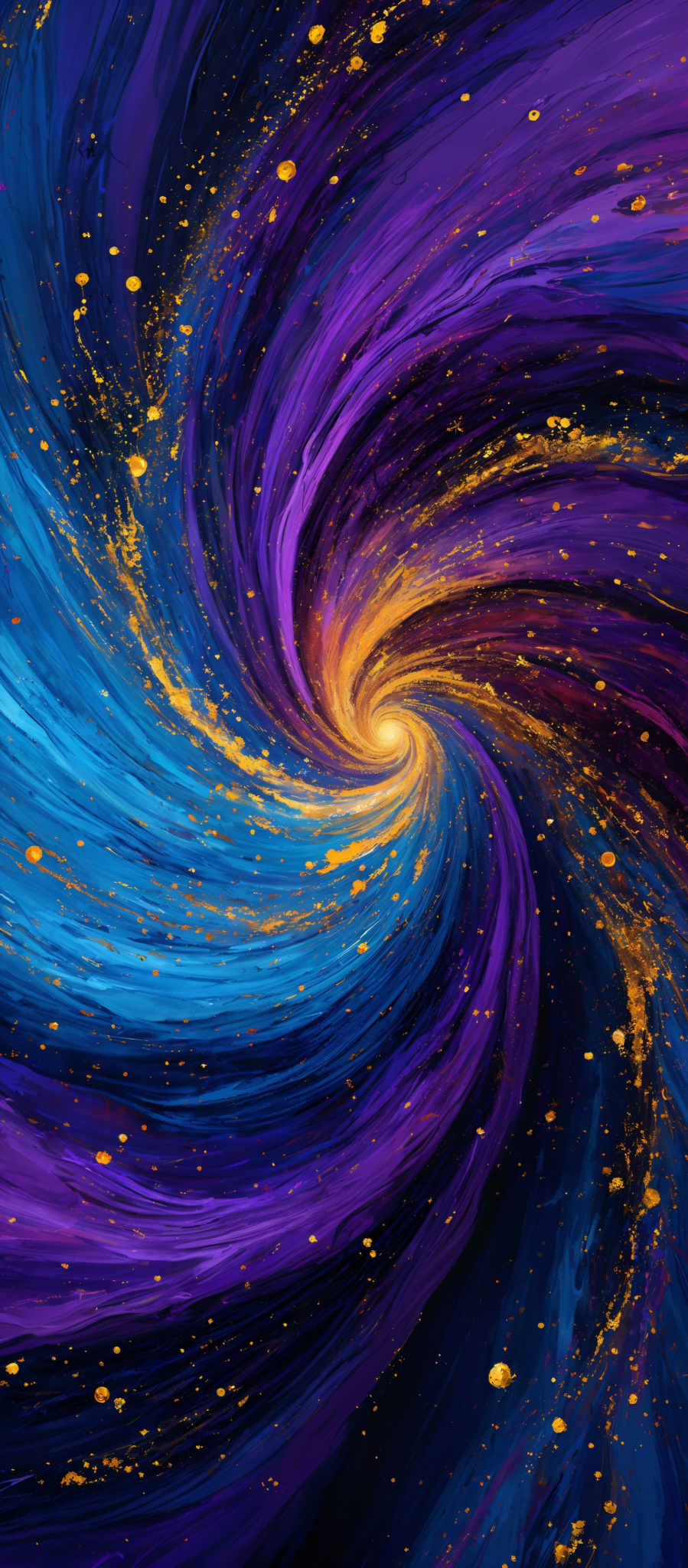 The image showcases a vibrant and mesmerizing swirl of colors. The dominant colors are shades of blue, purple, and gold. The swirl appears to be a vortex or a whirlpool, with the colors flowing in a spiraling motion. The gold specks scattered throughout the image add a touch of sparkle and depth, giving the impression of a celestial or cosmic setting.