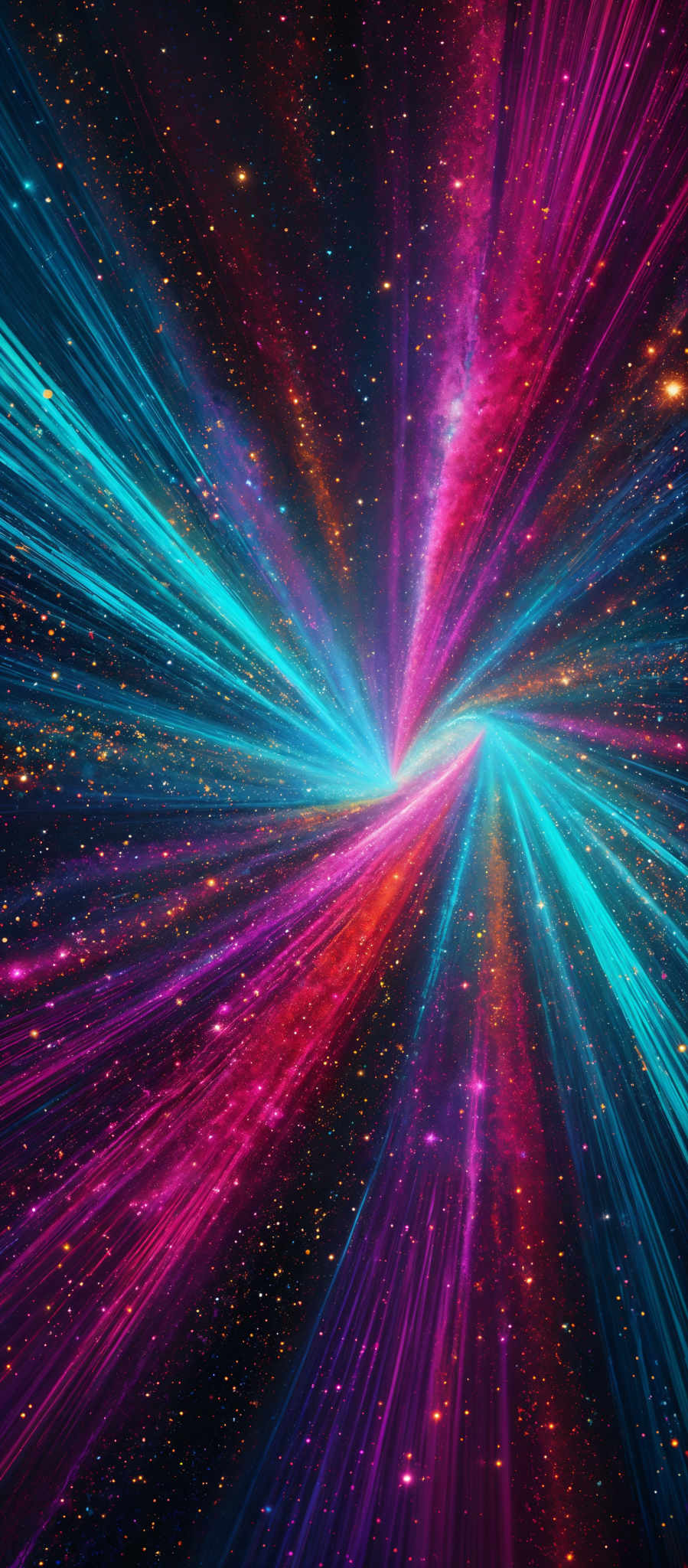 The image showcases a vibrant and mesmerizing cosmic scene. It features a central vortex or wormhole that emits radiant beams of light in multiple colors, including blue, pink, and red. These beams seem to be emanating from a central point and spreading outwards, creating a dynamic and swirling pattern. The background is filled with a deep blue space dotted with numerous stars, giving the impression of a vast, infinite universe.