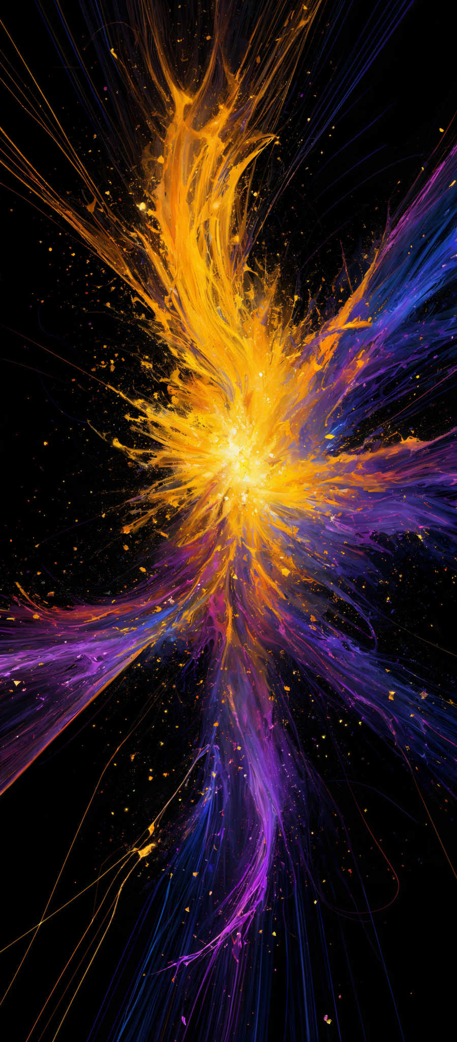 The image showcases a vibrant and dynamic explosion of colors. At the center, there's a bright, fiery burst of orange and yellow, resembling a burst of energy or a supernova. Surrounding this central explosion are swirling tendrils of blue, purple, and pink, giving the impression of a cosmic event or a fiery dance of particles. The background is dark, which accentuates the brightness and vividness of the colors.