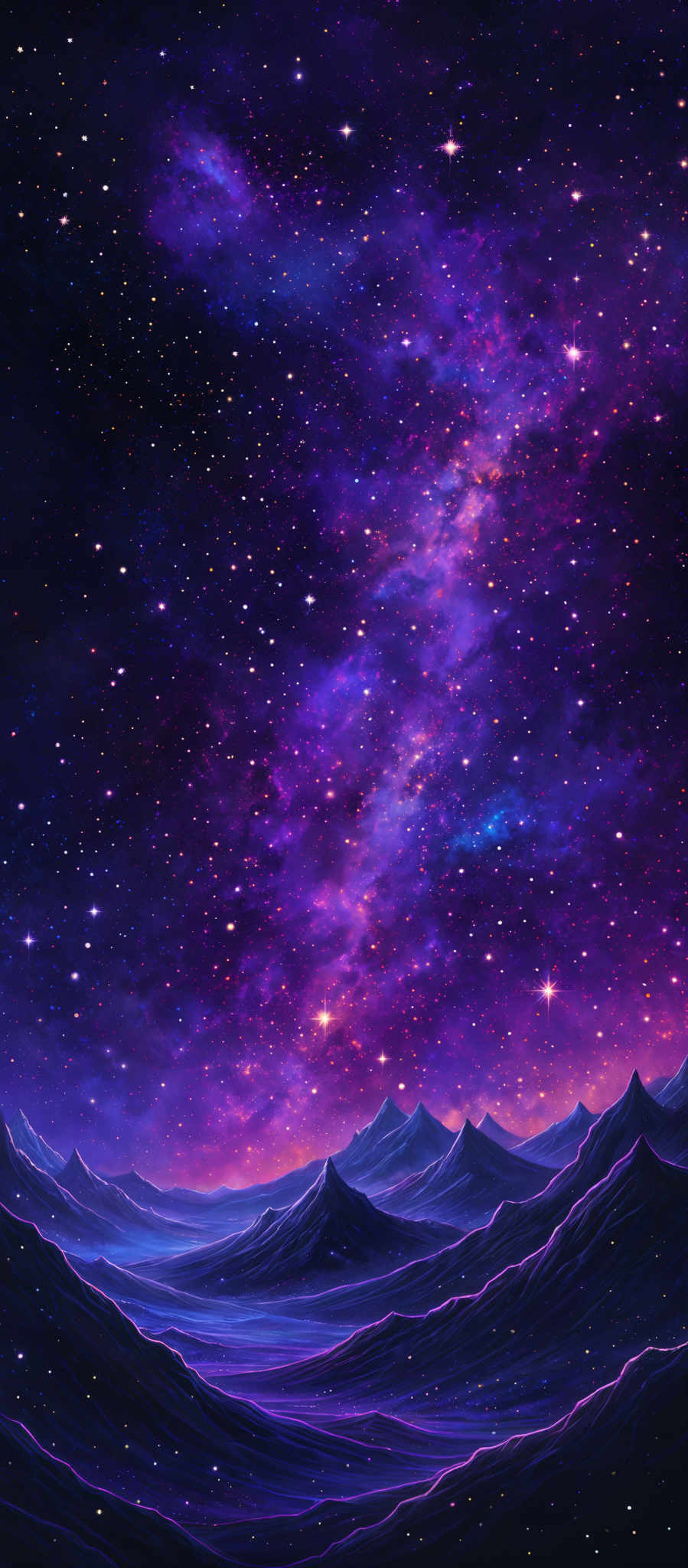 The image showcases a vibrant and mesmerizing night sky filled with stars and a nebula. The colors range from deep blues and purples to bright whites and hints of pink. The nebular formation is a mix of these colors, creating a swirling, ethereal pattern. Below the sky, there are silhouetted mountain ranges, bathed in the same hues of the night sky. The mountains have sharp peaks and appear to be illuminated from below, possibly by a setting or rising sun.