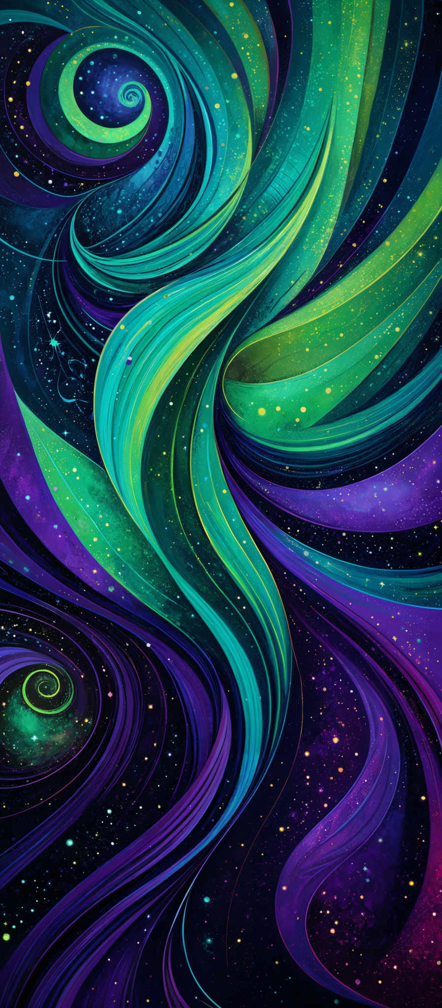 The image showcases a vibrant and swirling pattern of colors. Dominant colors include shades of blue, green, and purple. The swirls are fluid and wavy, resembling the flow of water or the movement of celestial bodies. The background is dotted with small, bright specks that could be interpreted as stars or distant galaxies. The overall effect is both mesmerizing and dreamlike, evoking feelings of wonder and curiosity about the universe.